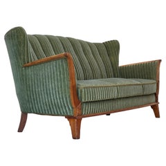 1960s, Danish 3-seater sofa, original green furniture velour, oak wood.