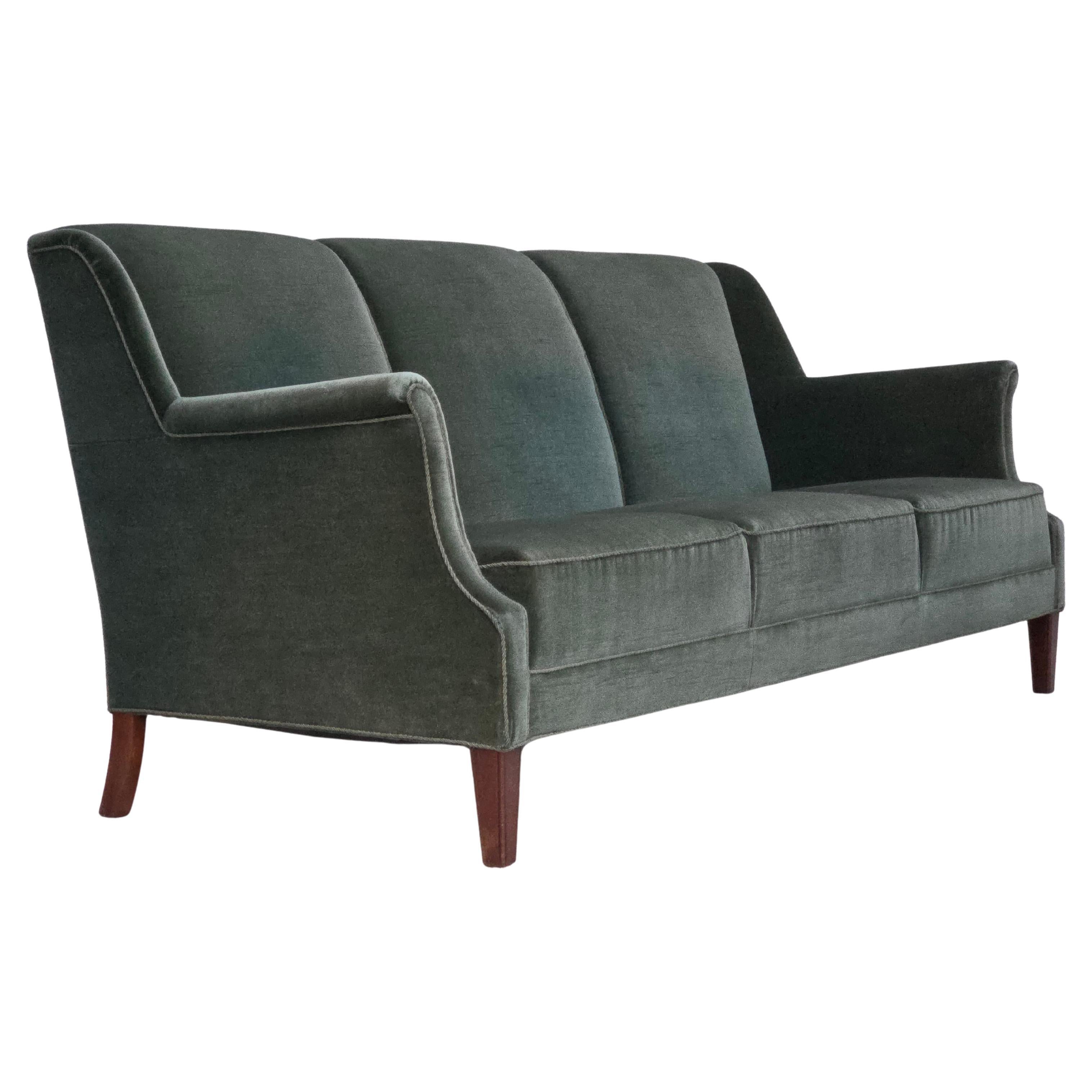 1960s, Danish 3-seater sofa, original turquoise-green furniture velour. For Sale