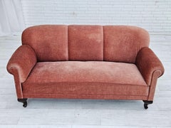1960s, Danish 3-seater sofa, salmon-pink furniture velour, ash wood legs.