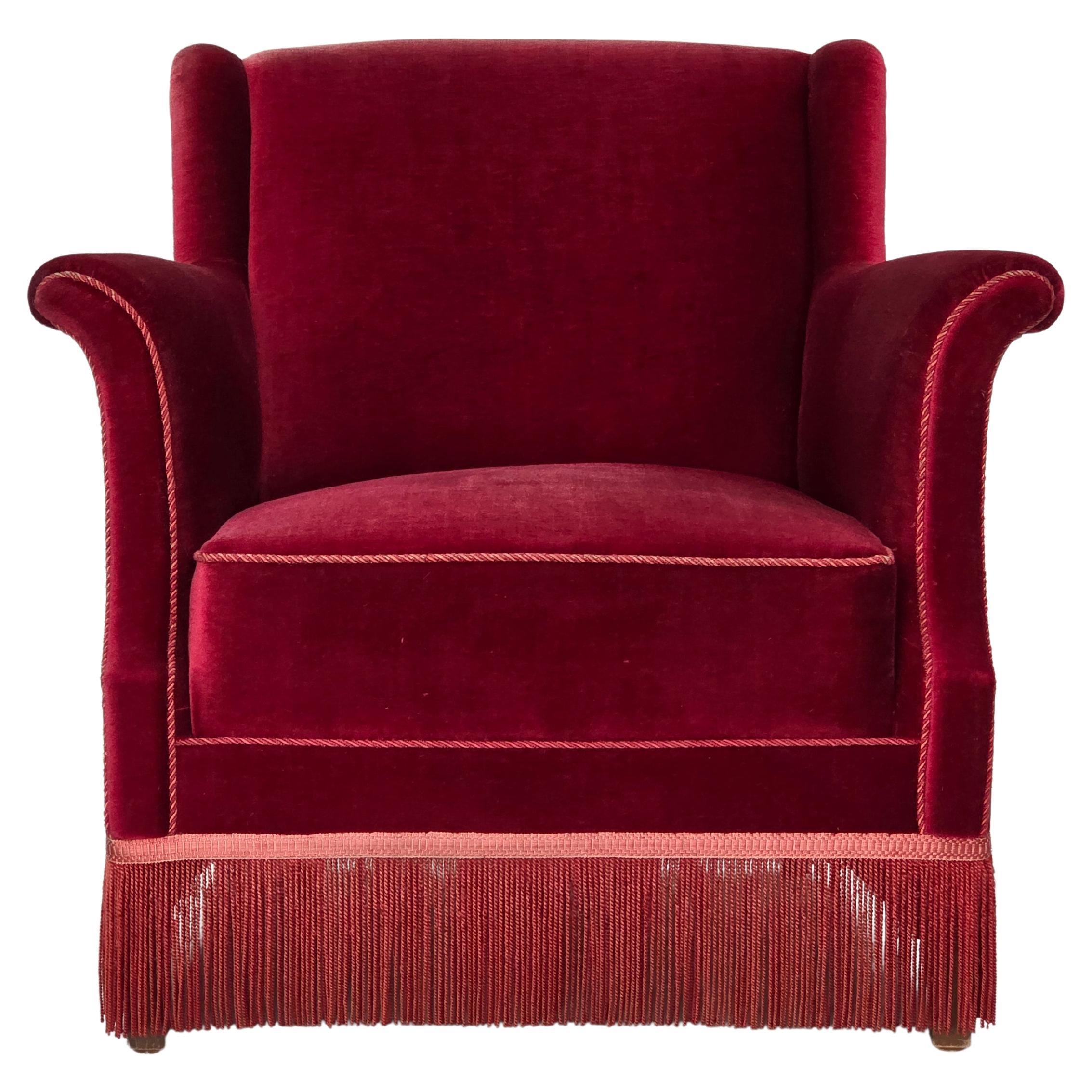 1960s, Danish armchair, cherry-red furniture velour, ash wood, original.