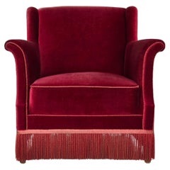 Vintage 1960s, Danish armchair, cherry-red furniture velour, ash wood, original.