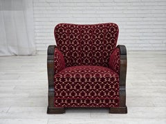 1960s, Danish armchair, cherry-red furniture velour, oak wood.