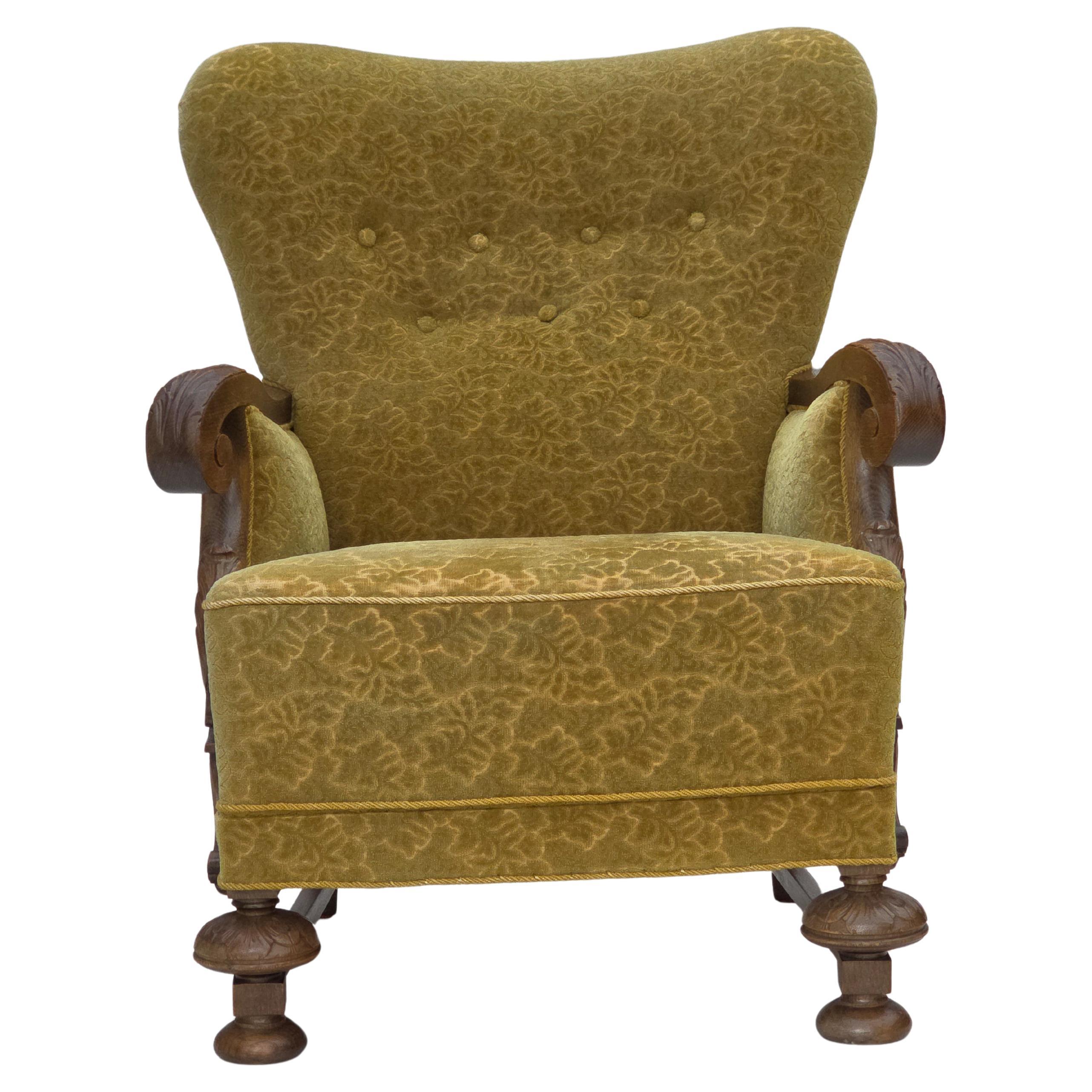 Poltrona danese degli anni '60, tessuto in cotone/lana, legno massiccio di Oak.