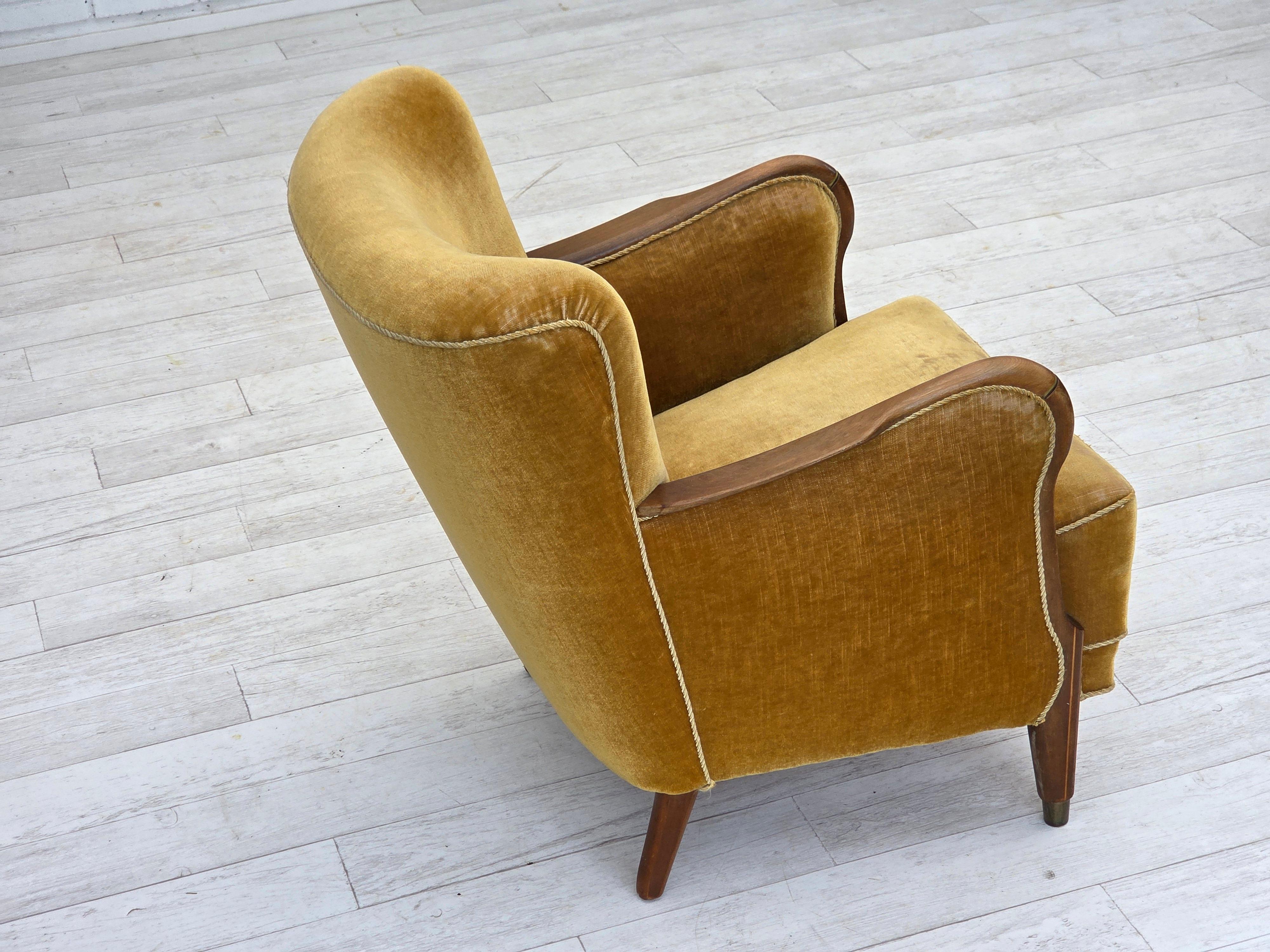 1960s, Danish armchair, furniture velour, beech wood, original. For Sale 6