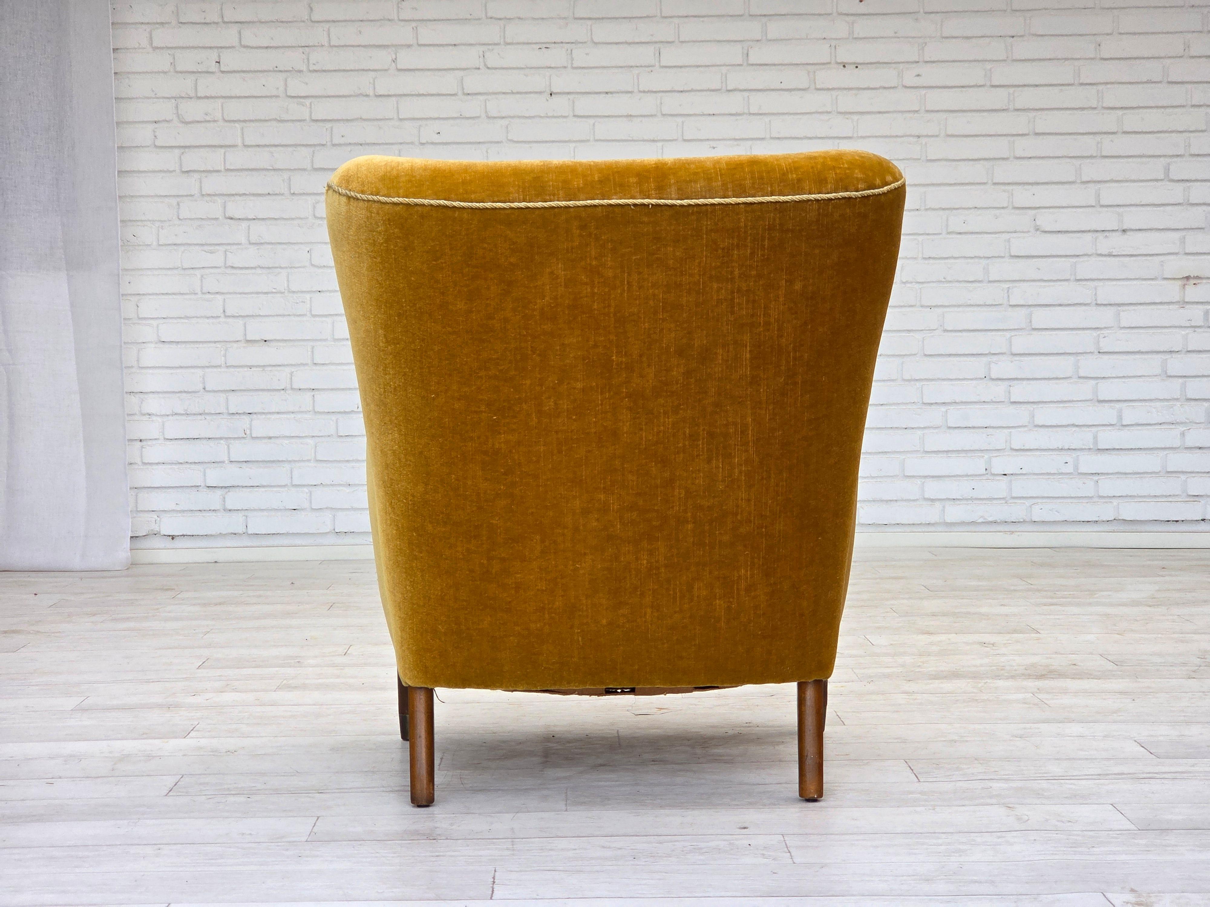 1960s, Danish armchair, furniture velour, beech wood, original. For Sale 8