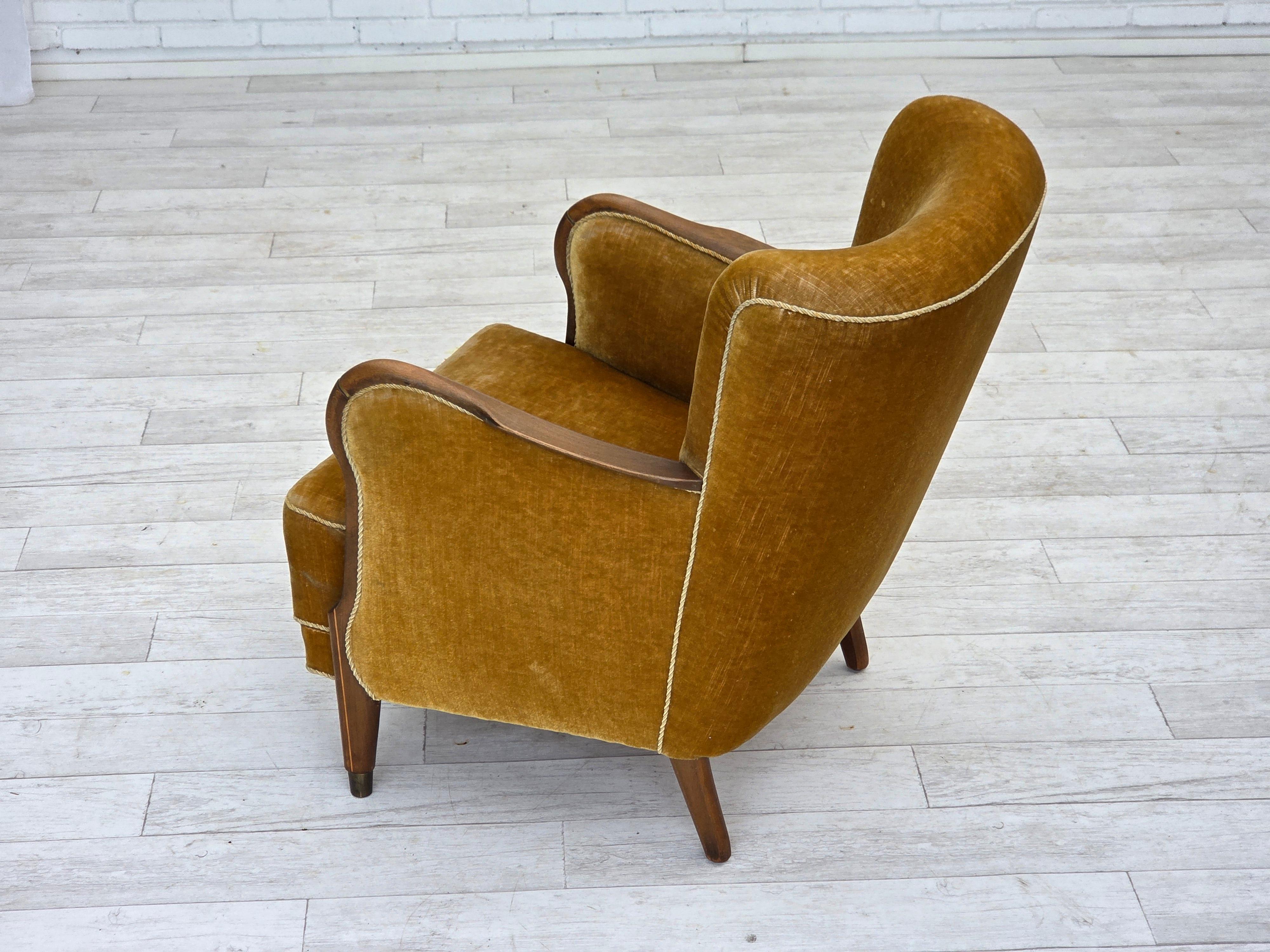 1960s, Danish armchair, furniture velour, beech wood, original. For Sale 9