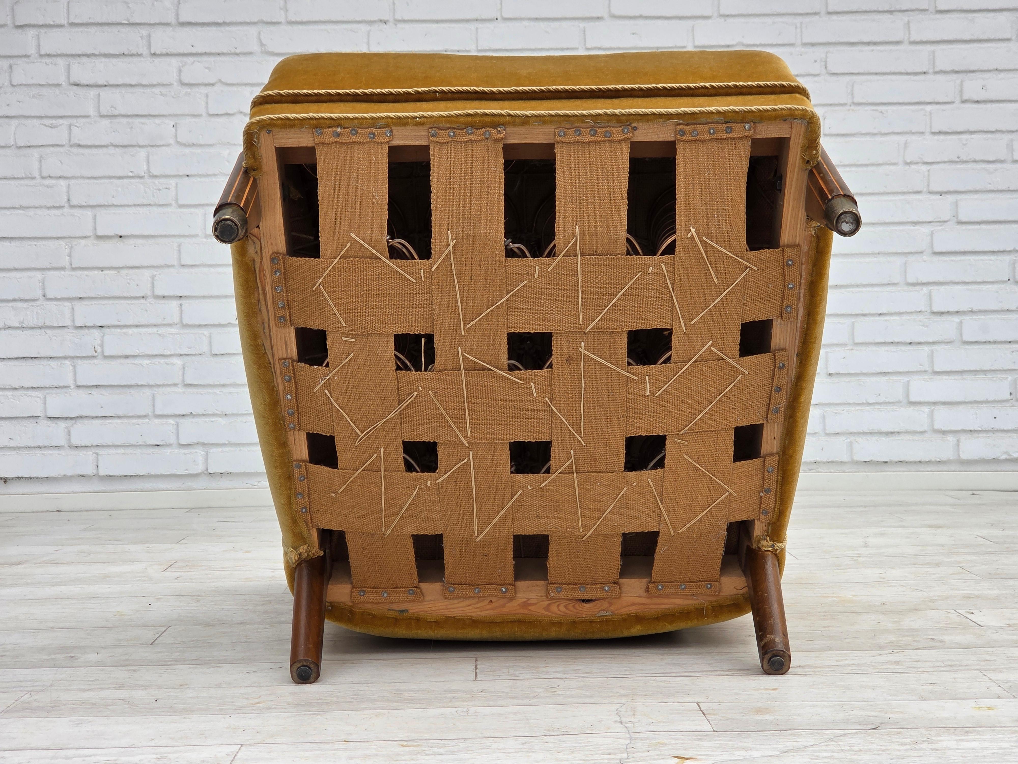 1960s, Danish armchair, furniture velour, beech wood, original. For Sale 13