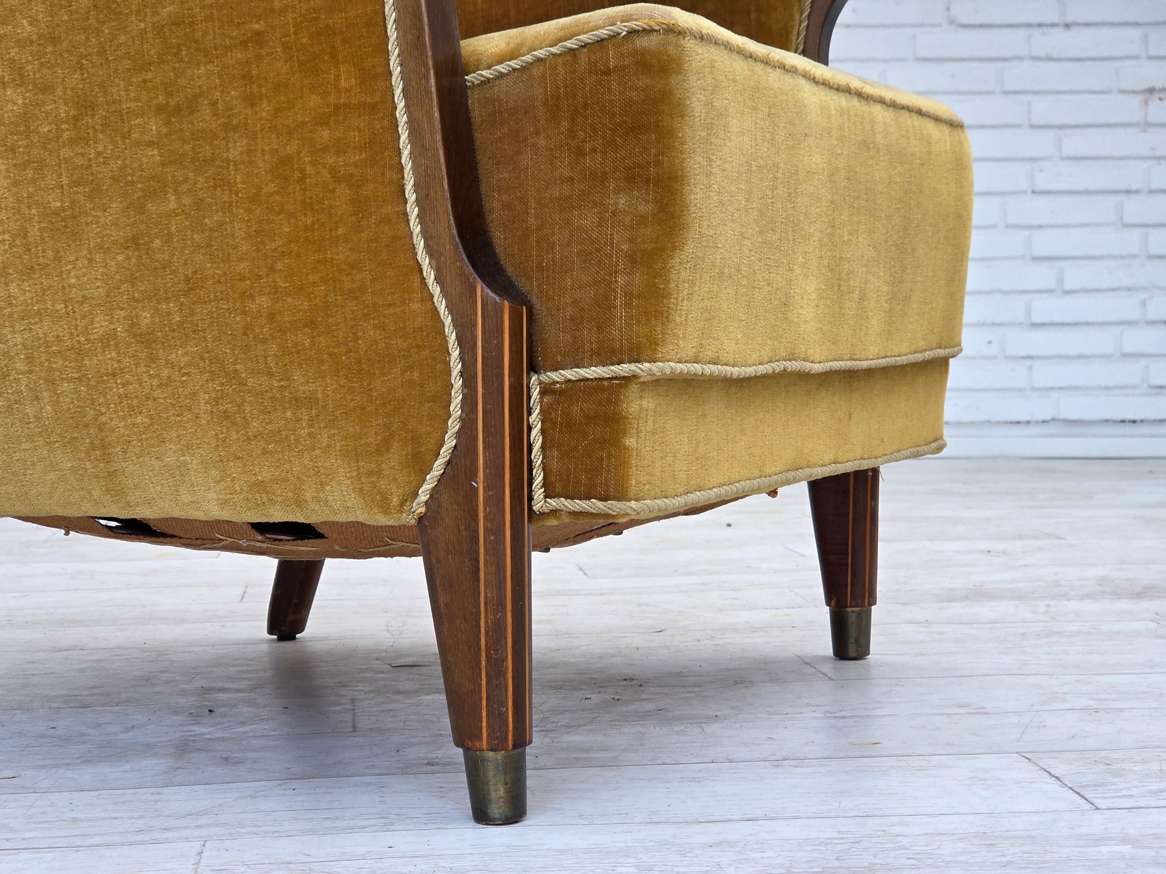 Scandinavian Modern 1960s, Danish armchair, furniture velour, beech wood, original. For Sale