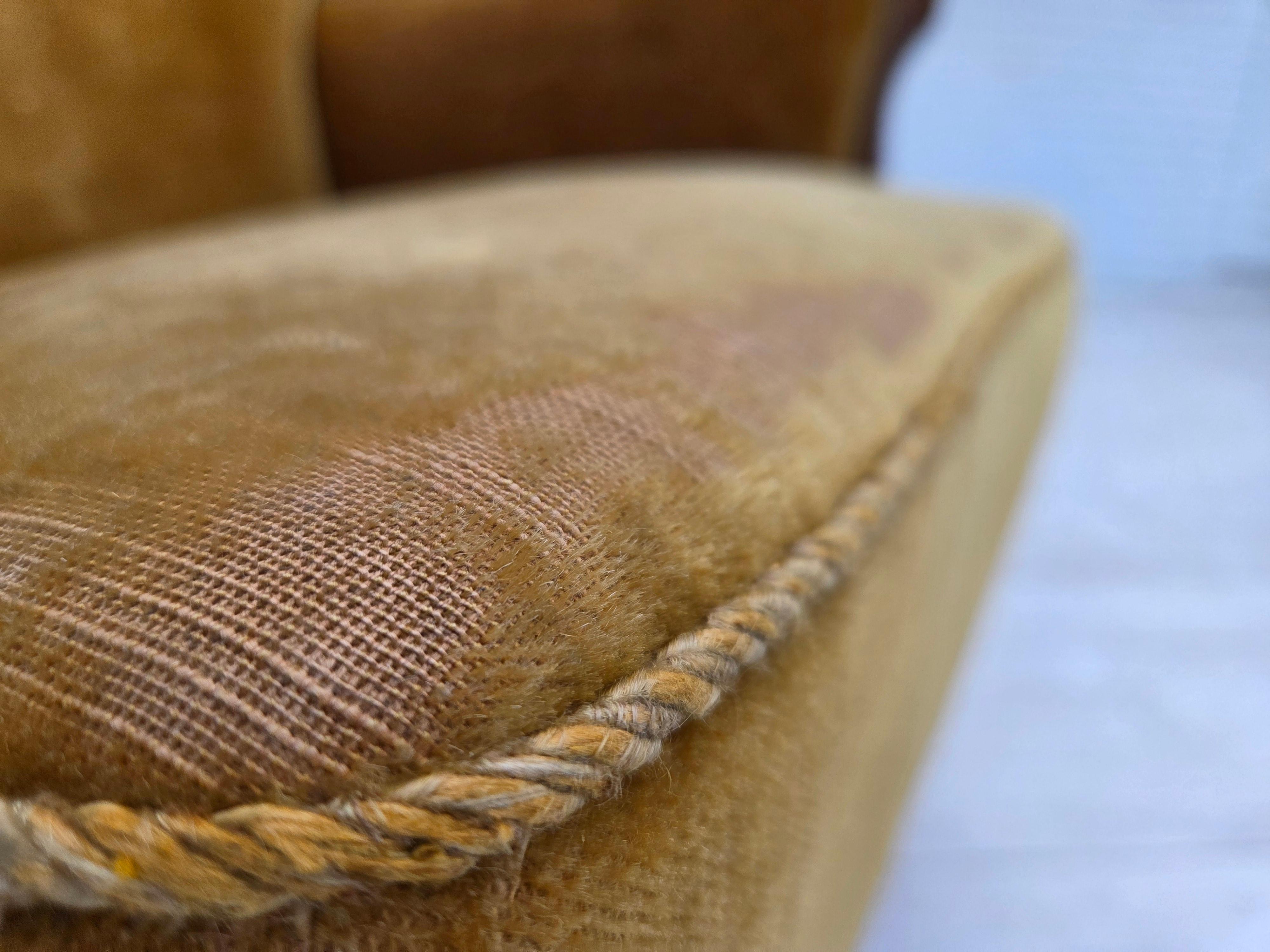 Brass 1960s, Danish armchair, furniture velour, beech wood, original. For Sale