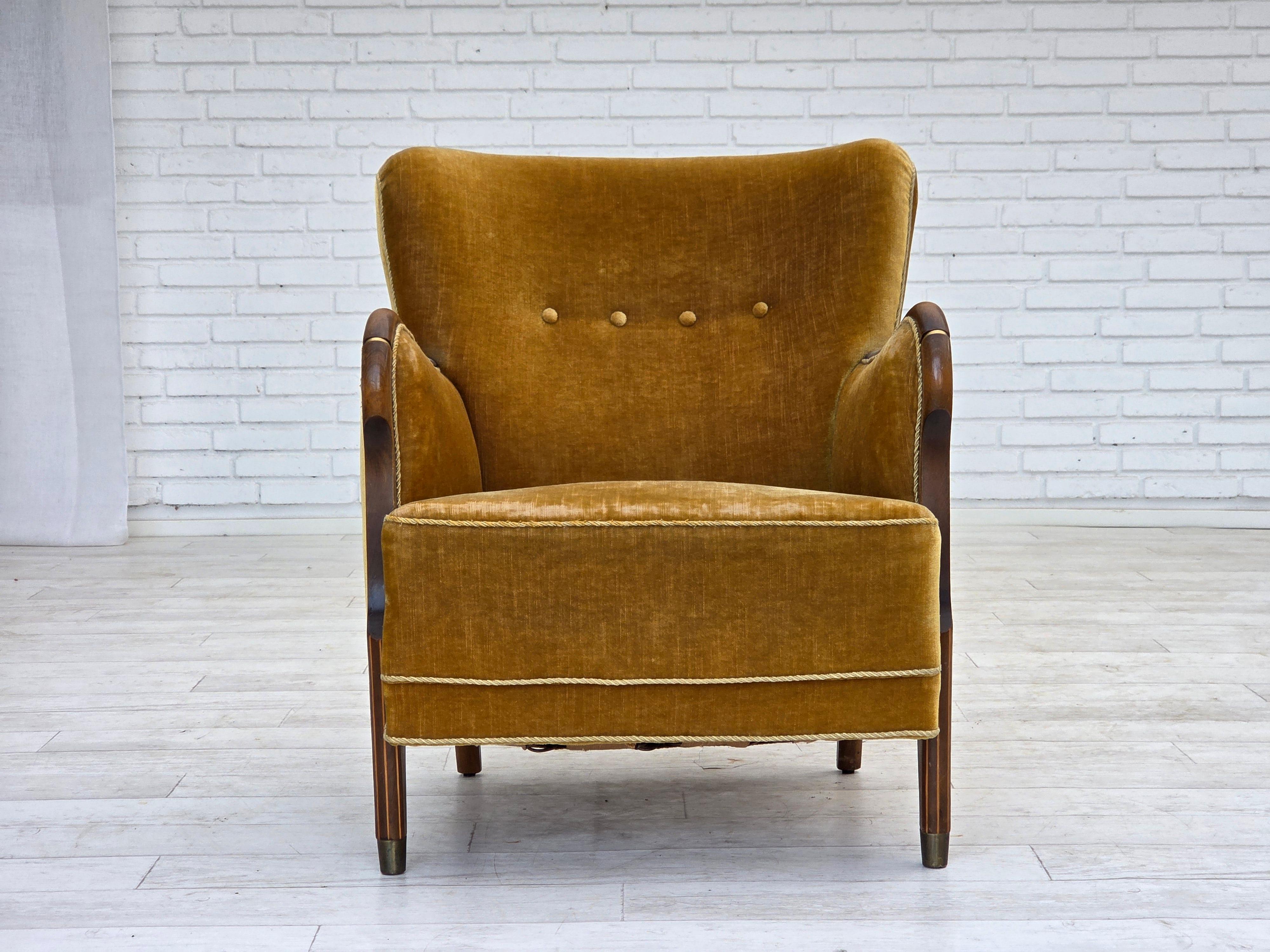 1960s, Danish armchair, furniture velour, beech wood, original. For Sale 2