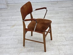 1960s, Danish armchair, furniture velour, teak wood armrests, chrome steel.