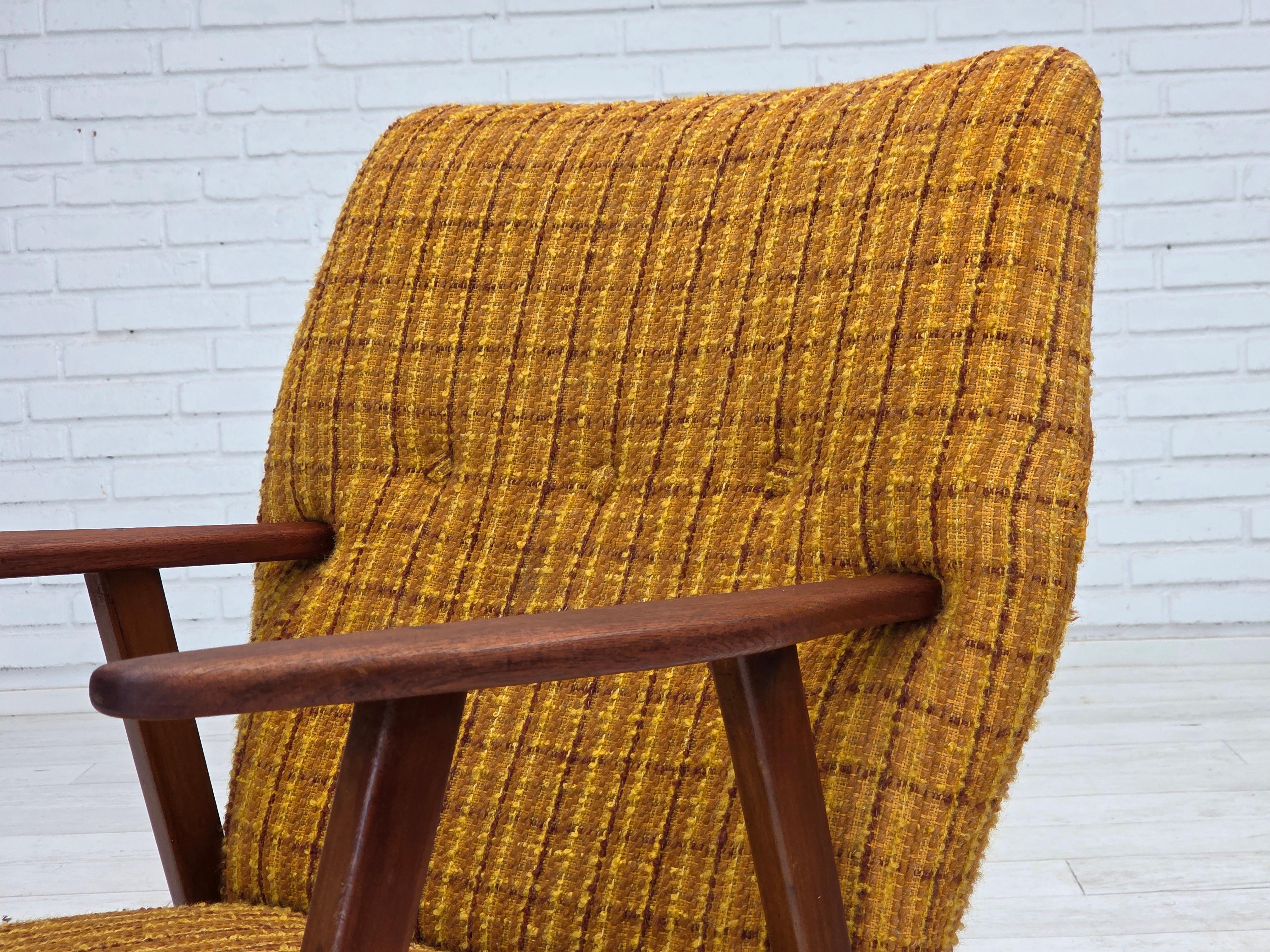 1960s, Danish armchair, furniture wool fabric, teak wood, oak wood. For Sale 4