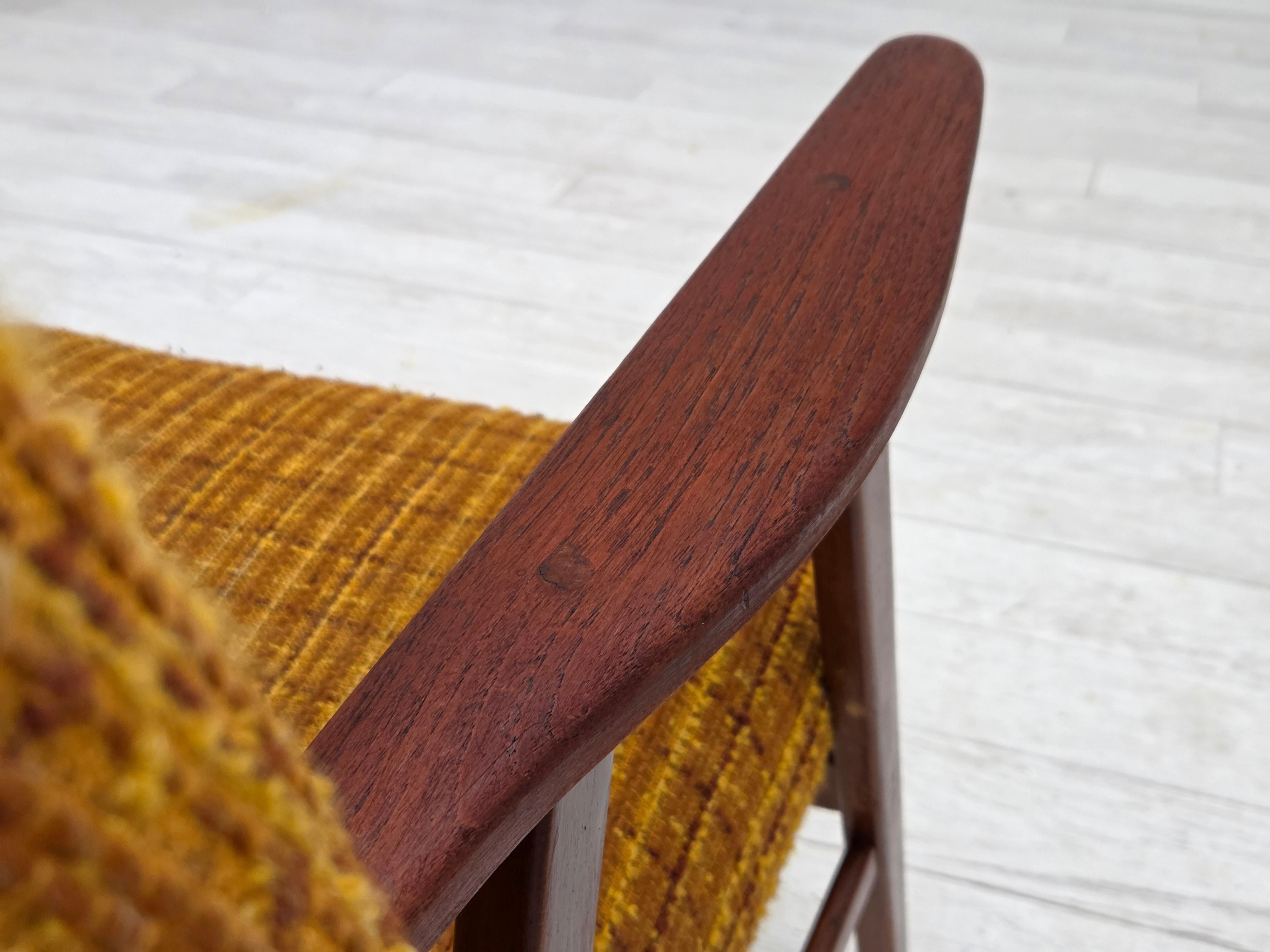 1960s, Danish armchair, furniture wool fabric, teak wood, oak wood. For Sale 5