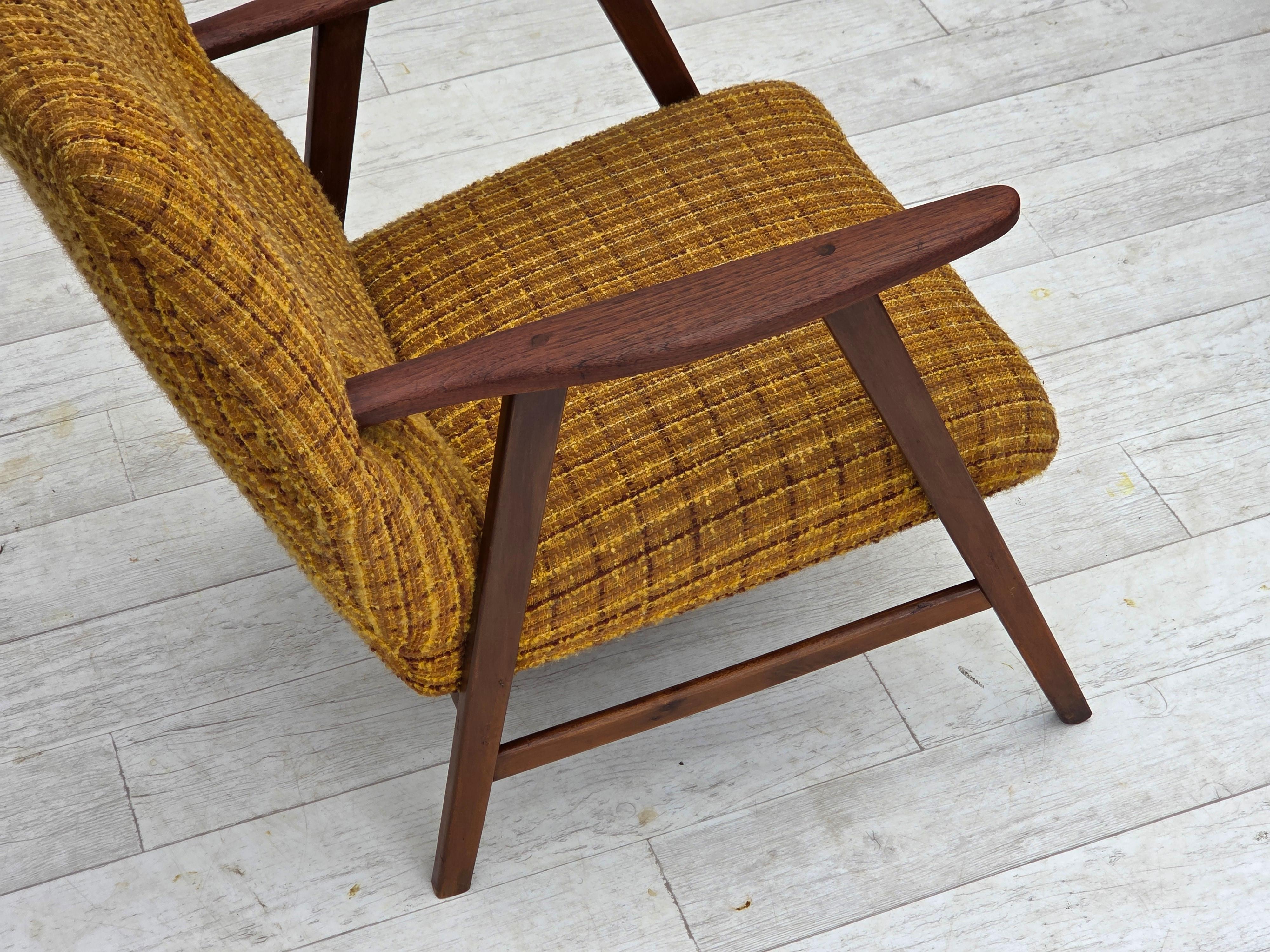 1960s, Danish armchair, furniture wool fabric, teak wood, oak wood. For Sale 9