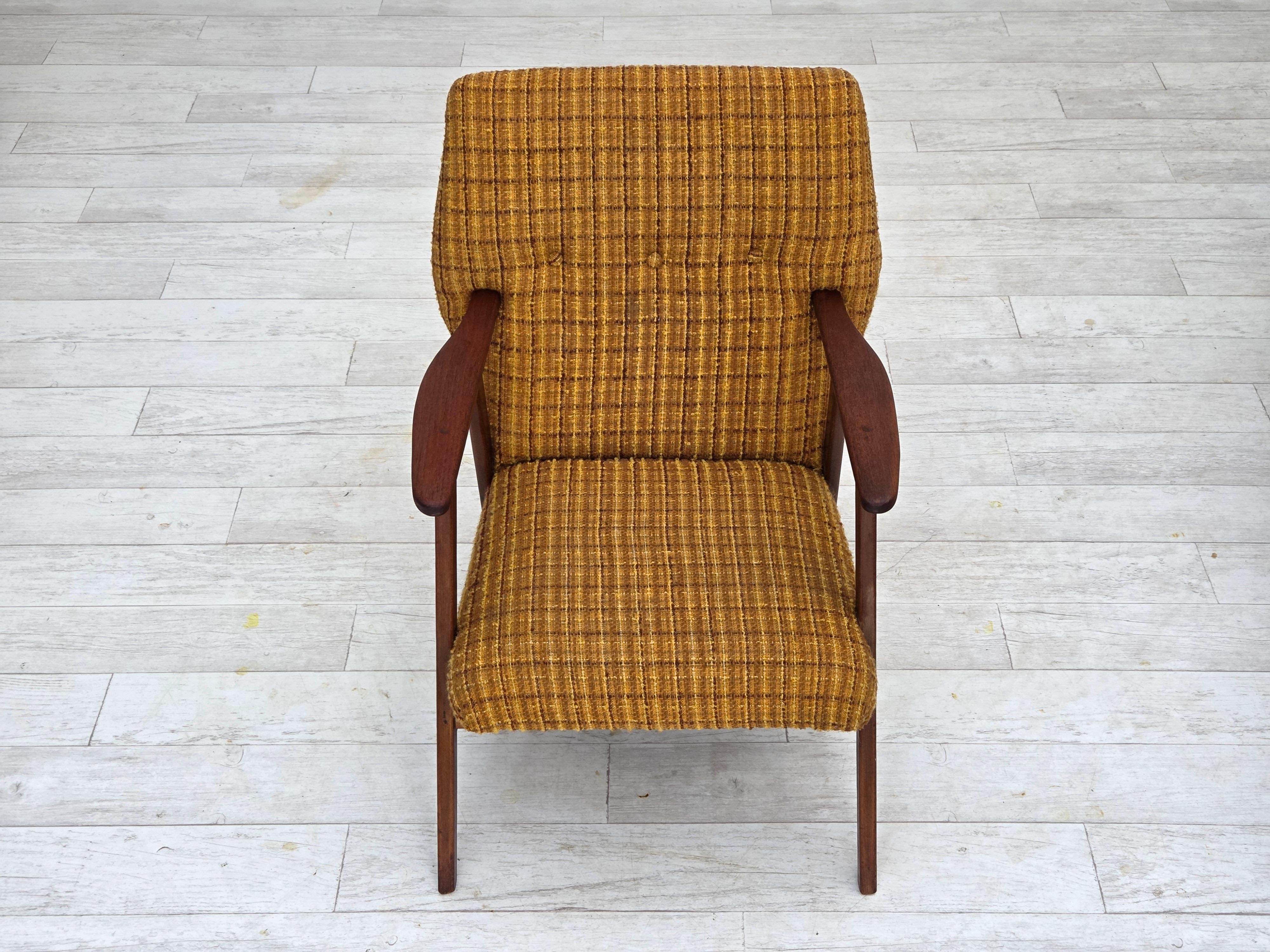 Scandinavian Modern 1960s, Danish armchair, furniture wool fabric, teak wood, oak wood. For Sale
