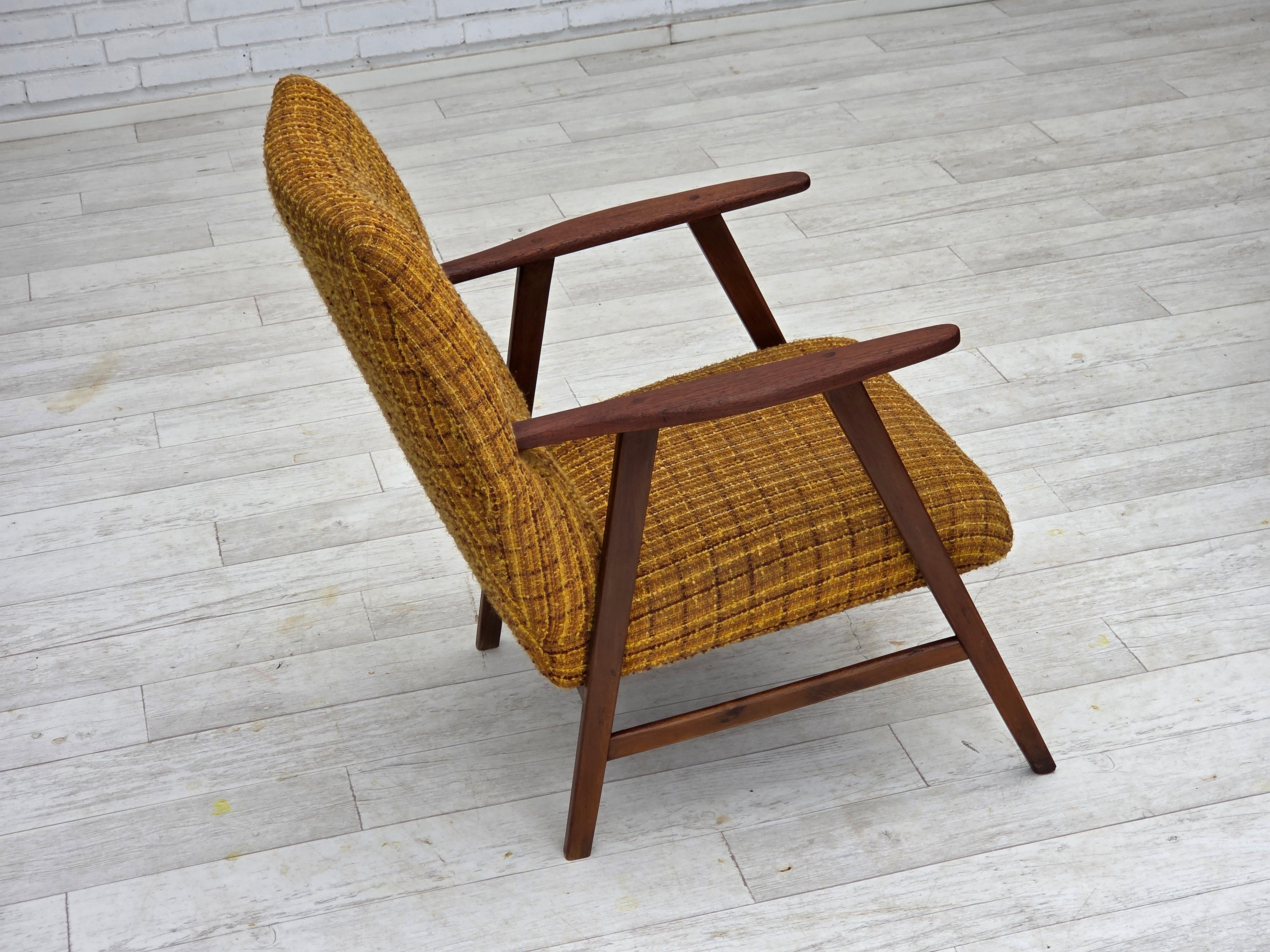 Mid-20th Century 1960s, Danish armchair, furniture wool fabric, teak wood, oak wood. For Sale
