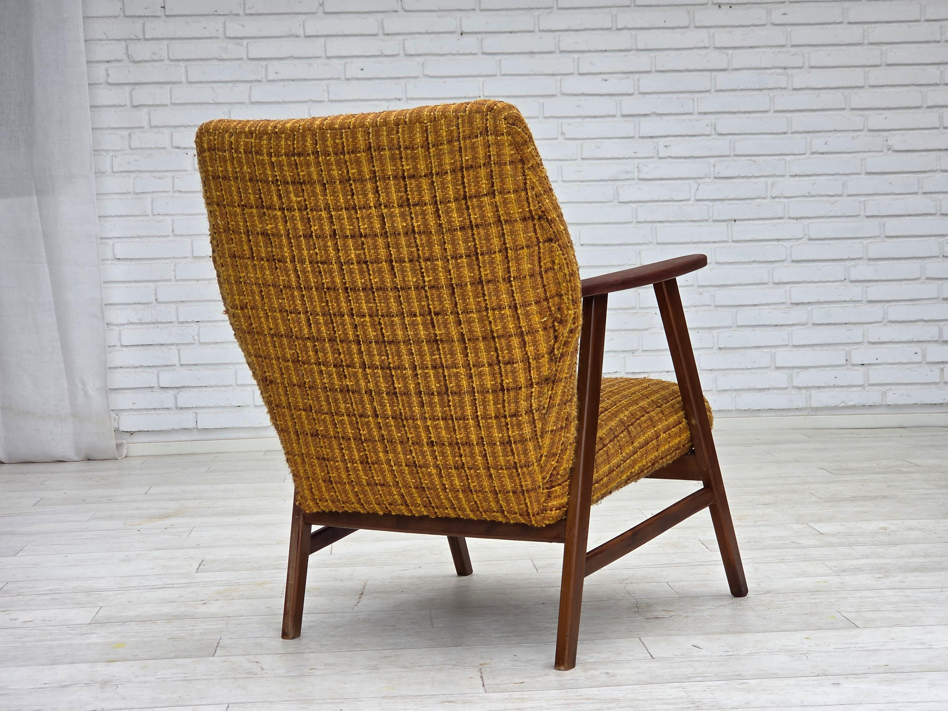 Wool 1960s, Danish armchair, furniture wool fabric, teak wood, oak wood. For Sale