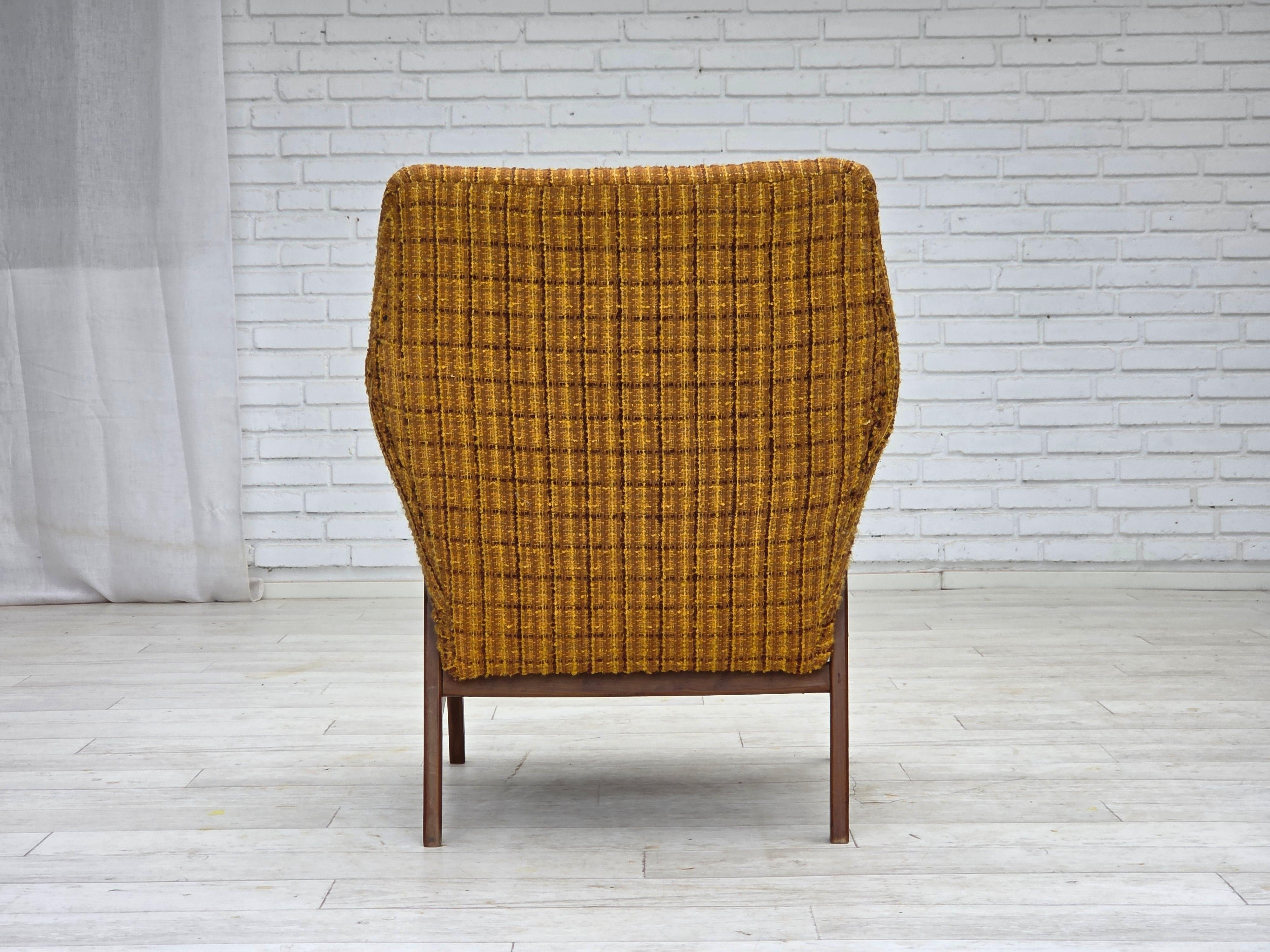 1960s, Danish armchair, furniture wool fabric, teak wood, oak wood. For Sale 1