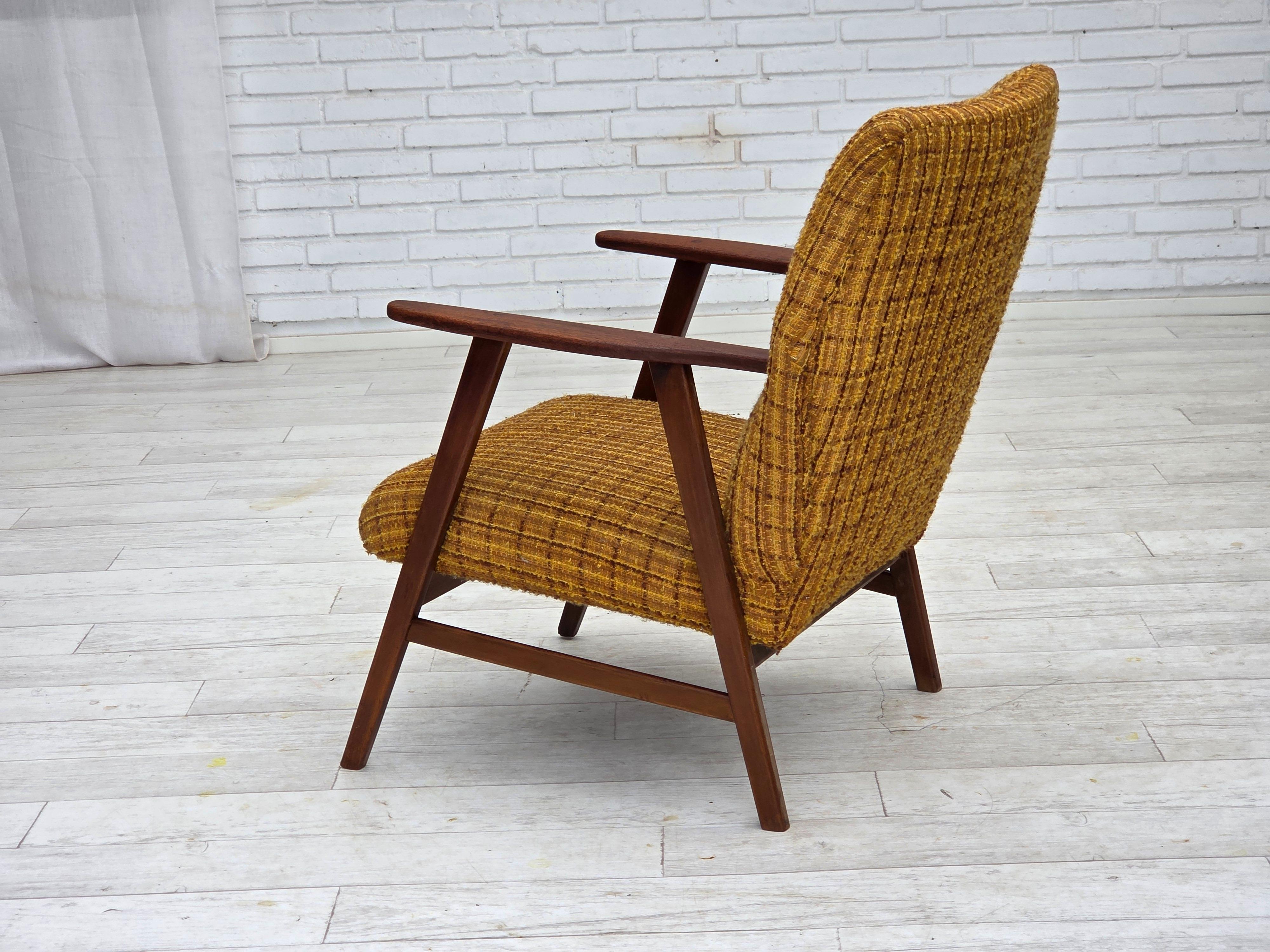 1960s, Danish armchair, furniture wool fabric, teak wood, oak wood. For Sale 2