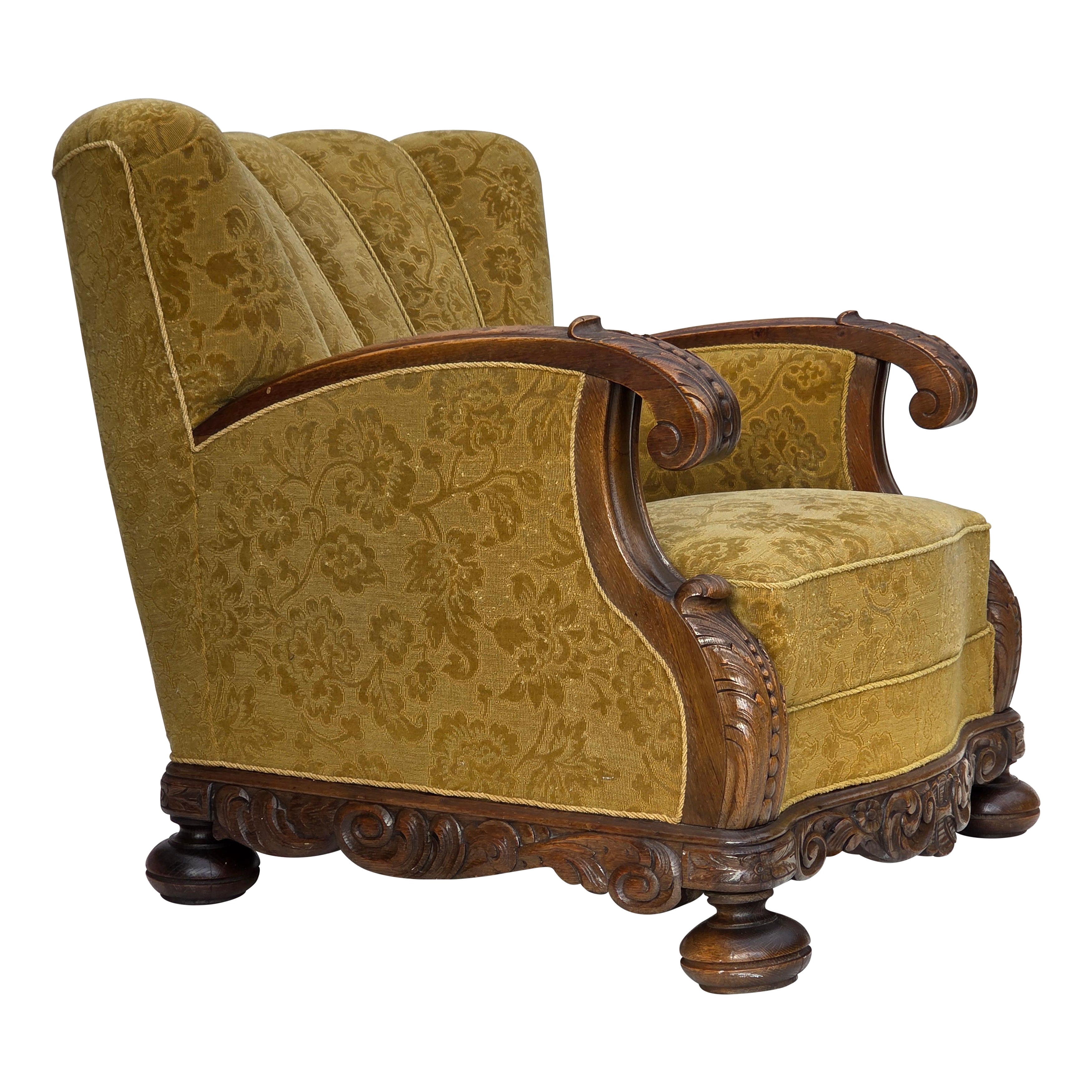 Años 1960, sillón danés, mueble de lana, madera maciza de roble.