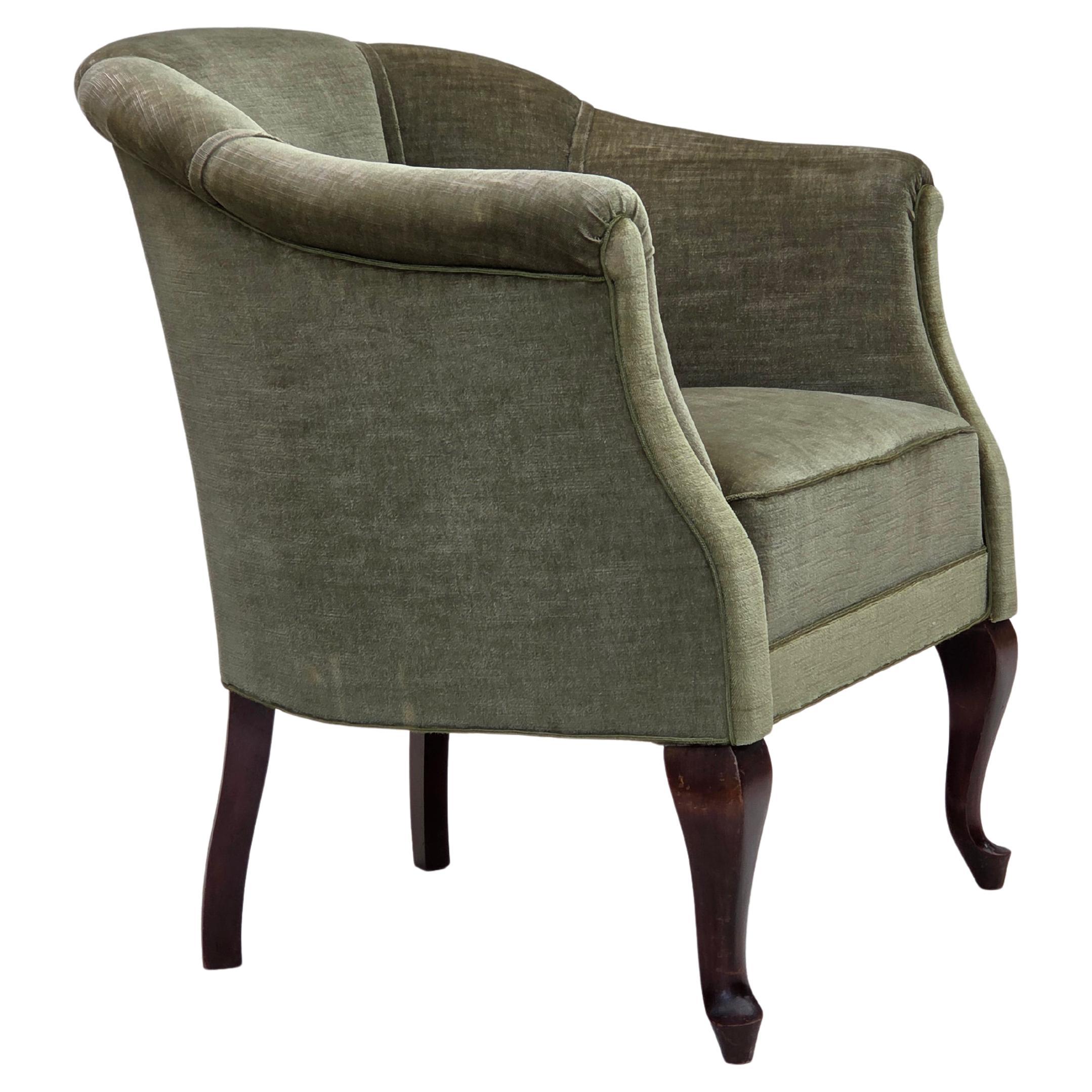 1960s, Danish armchair, green furniture velour, beech wood legs.