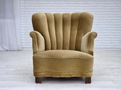 1960s, Danish armchair, green furniture velour, oak wood.