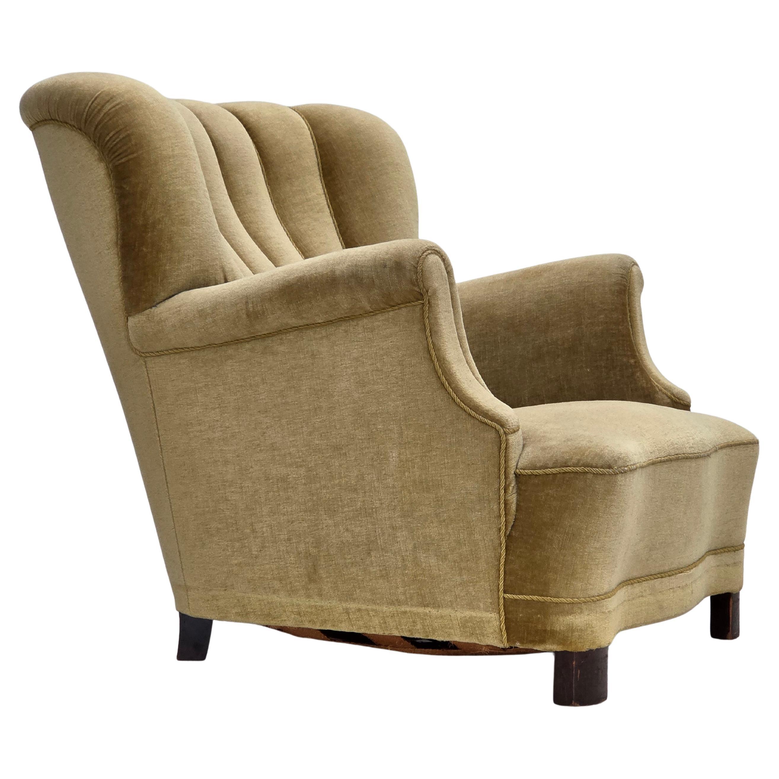 1960s, Danish armchair, green furniture velour, oak wood.