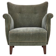 1960s, Danish armchair, green furniture velour, oak wood legs.