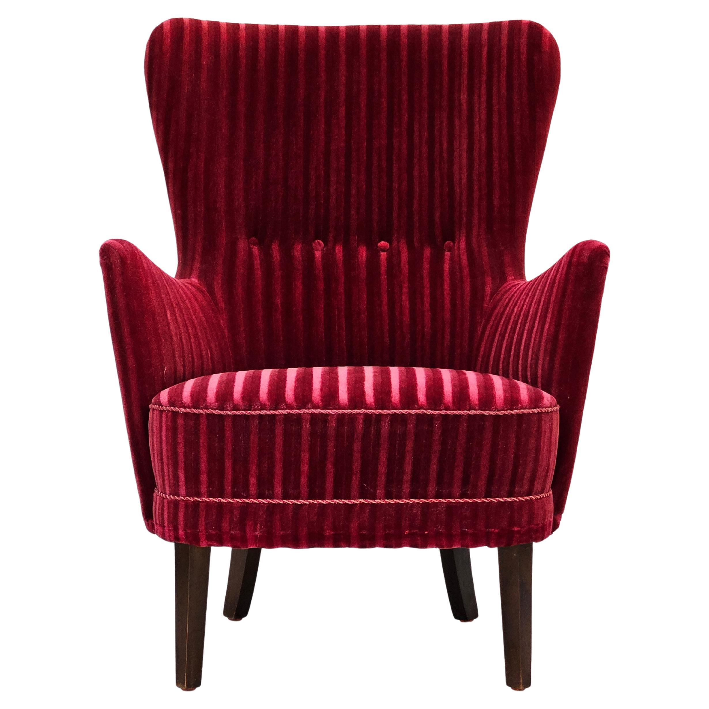 1960s, Danish armchair in cherry-red furniture velour, original condition.