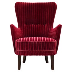 Fauteuil danois des années 1960 en velours de mobilier rouge cerise, état d'origine.