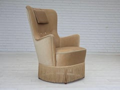 Años 60, sillón danés de terciopelo para muebles verde/marrón, estado original.