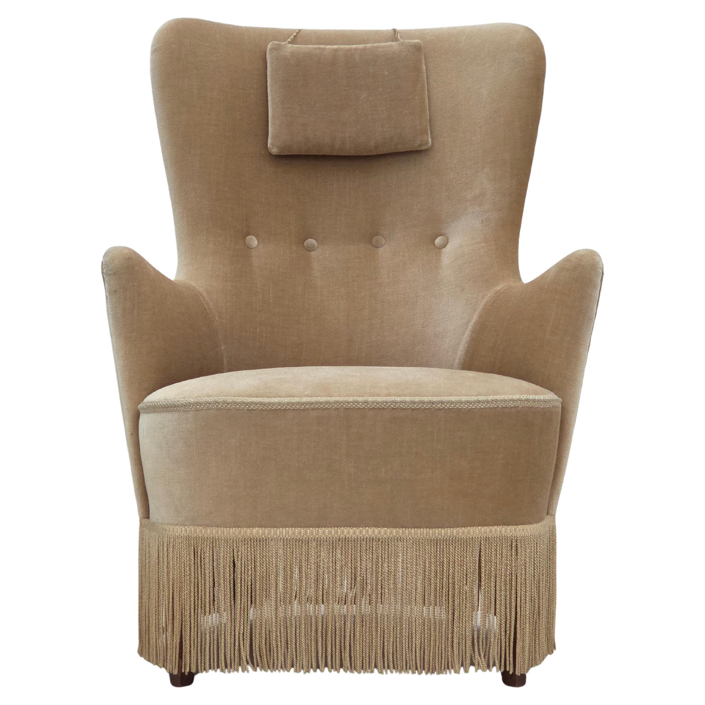 Années 1960, fauteuil danois en velours d'ameublement vert/brun, état d'origine.