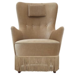 Vintage 1960s, Danish armchair in green/brown furniture velour, original condition.