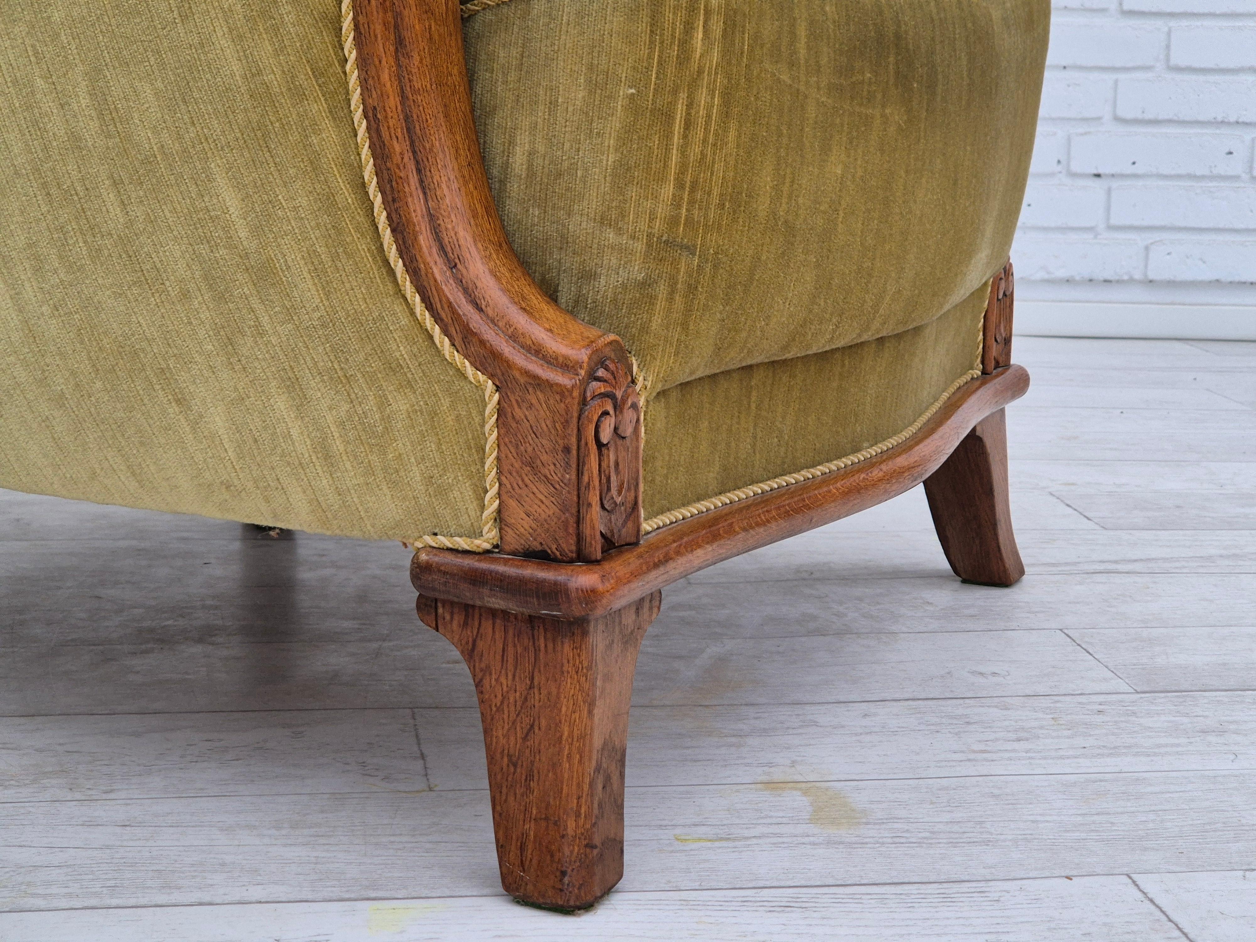 1960s, Danish armchair in original very good condition, furniture velour, oak. For Sale 7