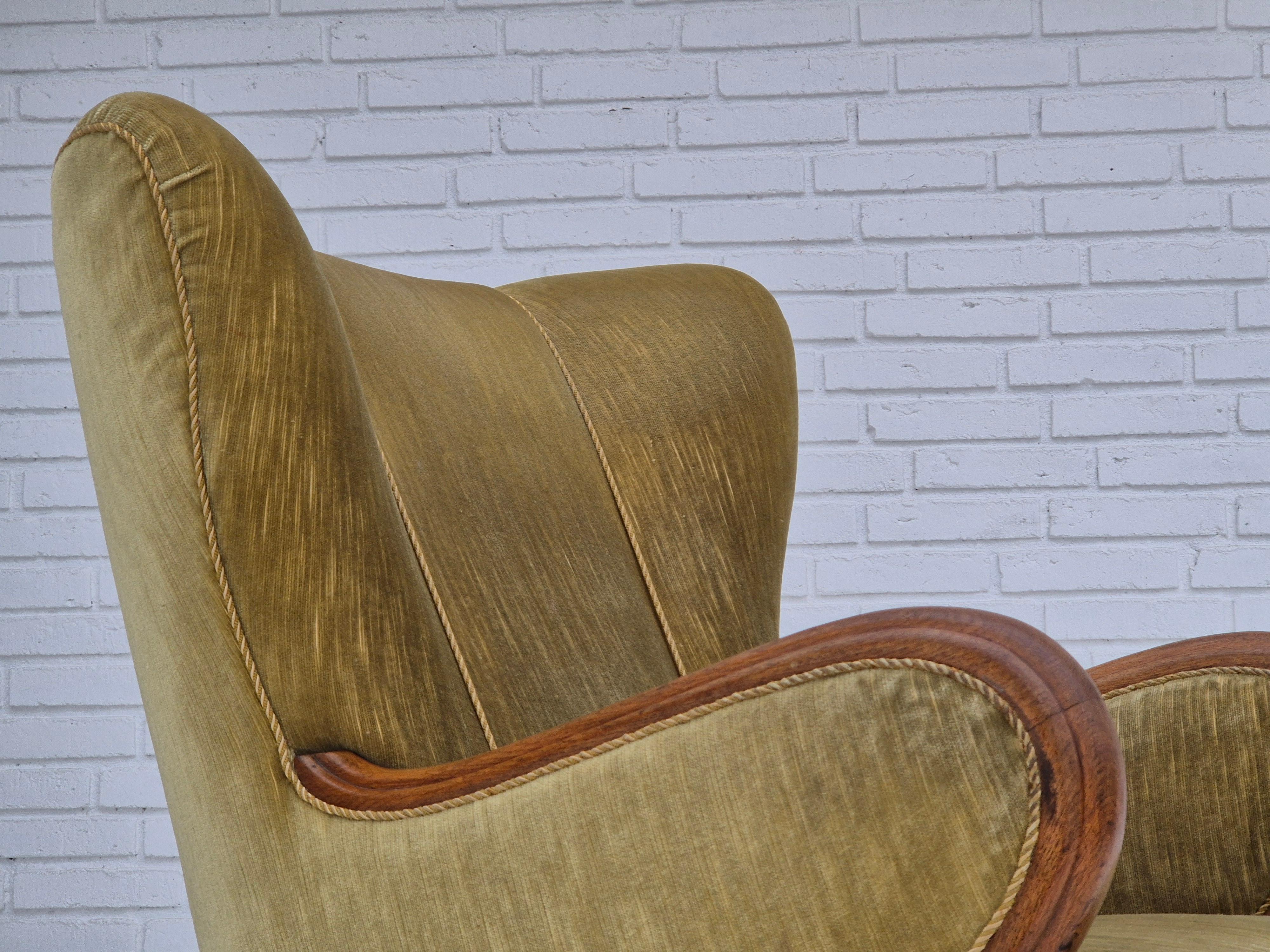 1960s, Danish armchair in original very good condition, furniture velour, oak. For Sale 9