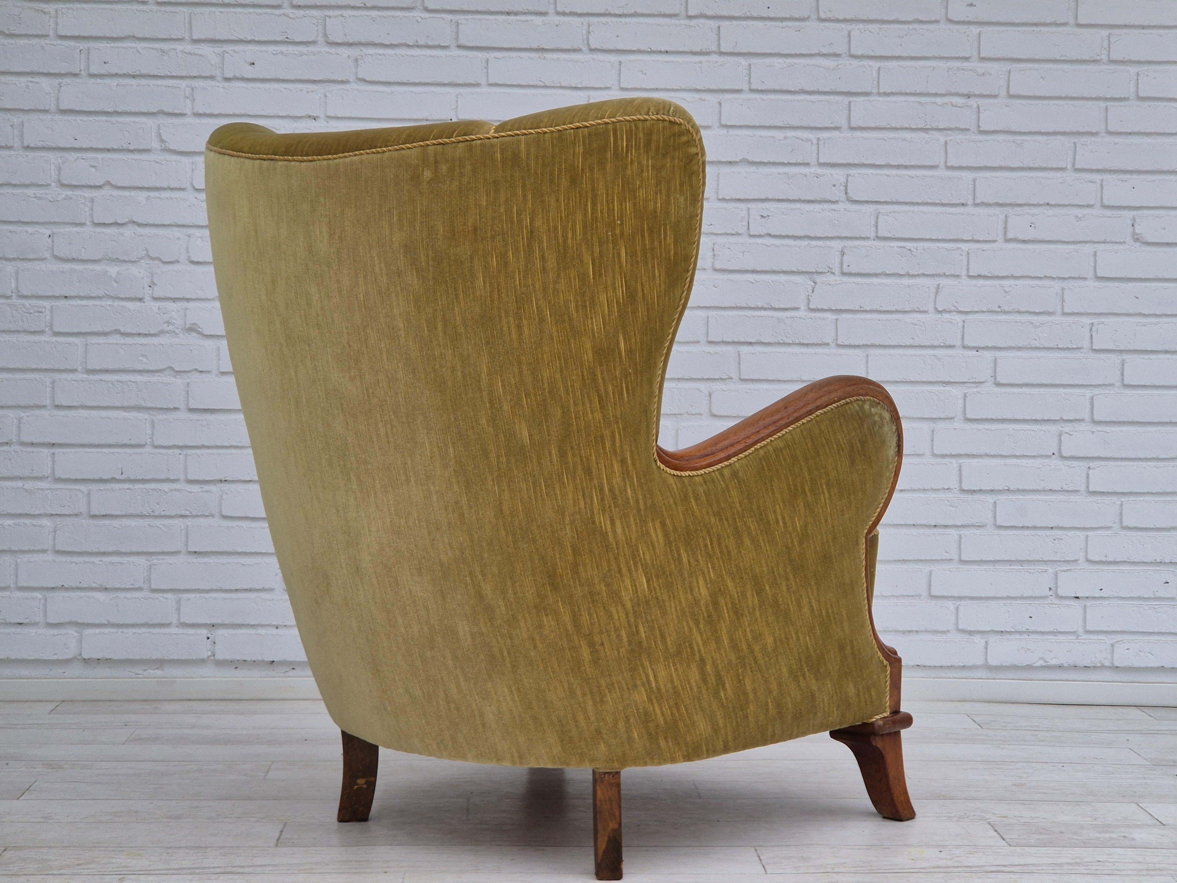 Velvet 1960s, Danish armchair in original very good condition, furniture velour, oak. For Sale