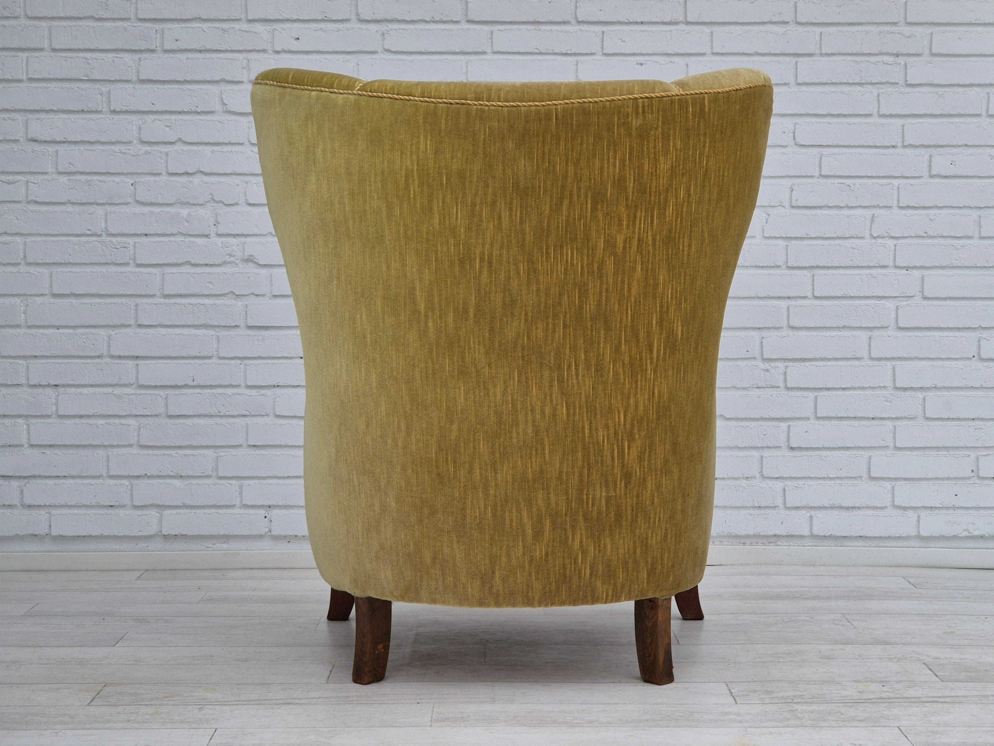 1960s, Danish armchair in original very good condition, furniture velour, oak. For Sale 1