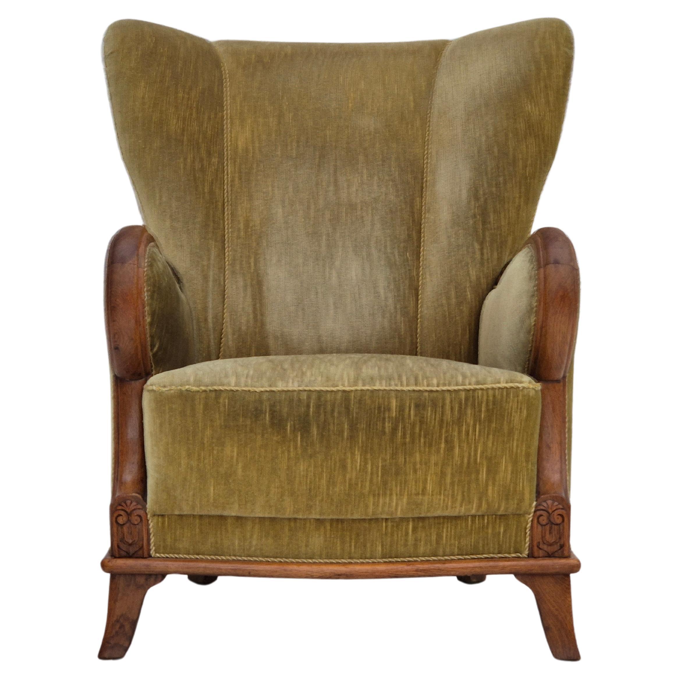 1960s, Danish armchair in original very good condition, furniture velour, oak. For Sale