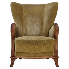 Vintage 1960s, Danish armchair in original very good condition, furniture velour, oak.