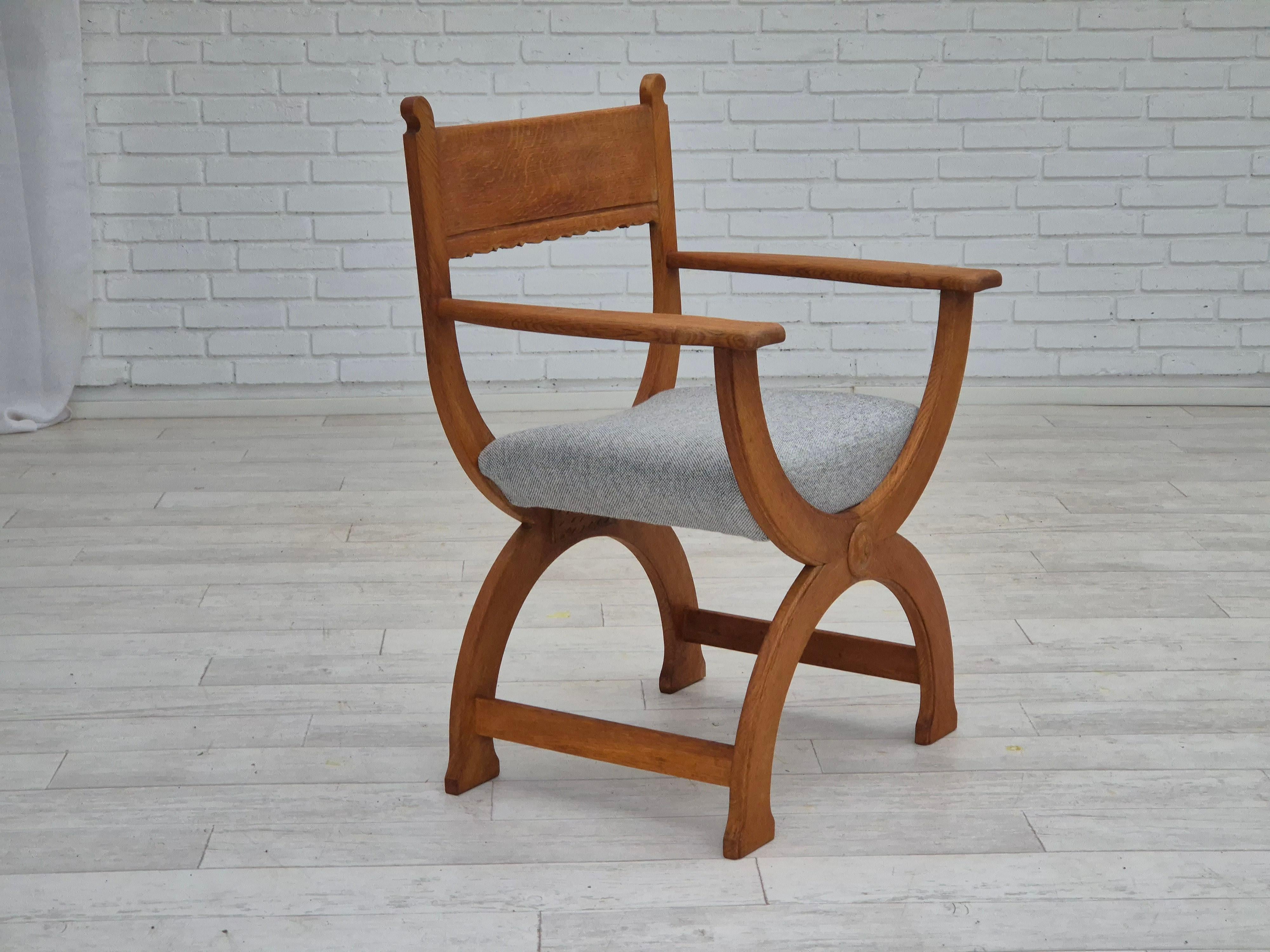 1960s, Danish armchair in solid waxed oak wood. New reupholstered in quality KVADRAT furniture wool Hallingdal. Wood renewed. Made by Danish furniture manufacturer in about 1960s. Reupholstered by craftsman.
