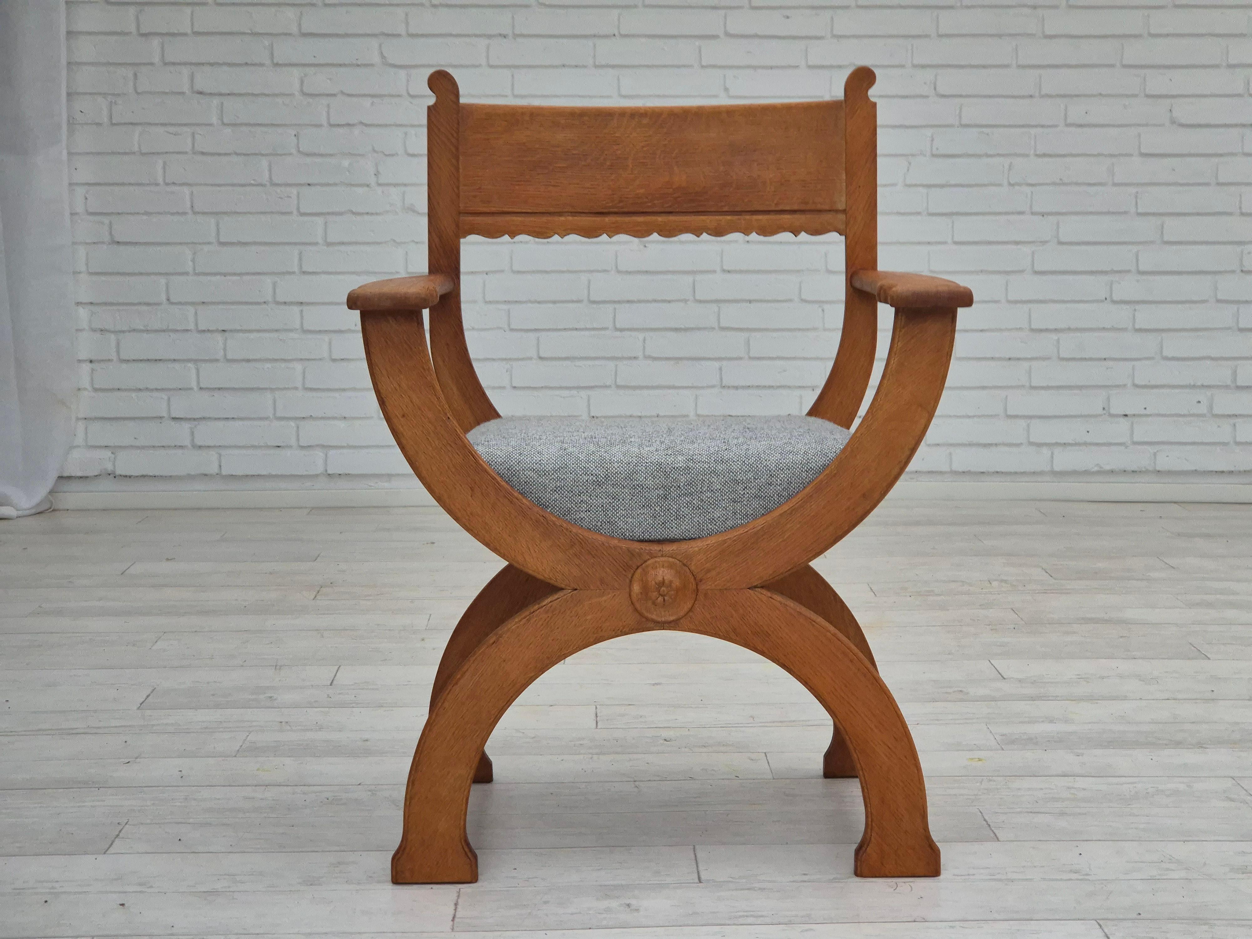 Mid-20th Century 1960s, Danish armchair in solid oak wood, reupholstered, KVADRAT furniture wool. For Sale