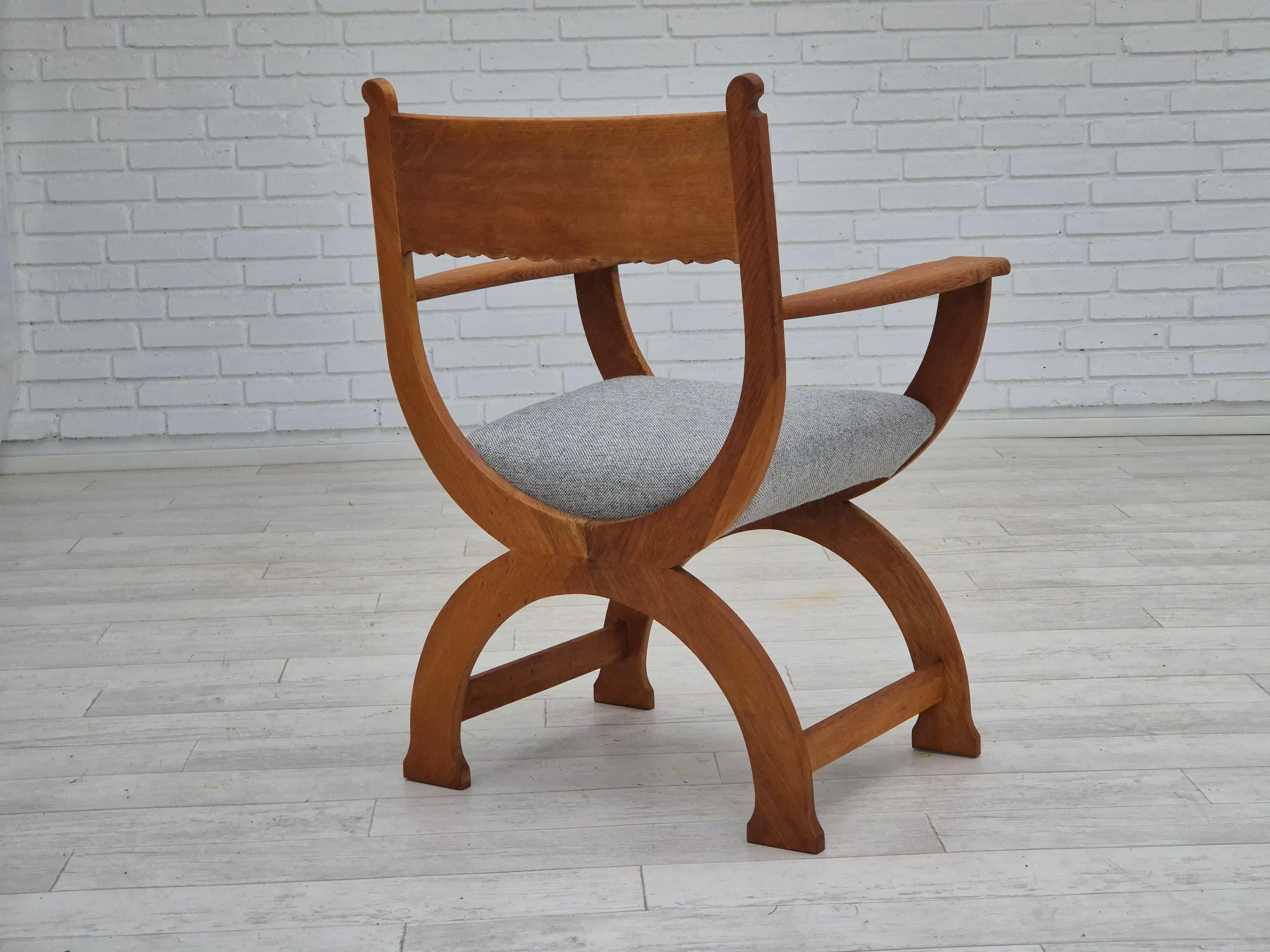Wool 1960s, Danish armchair in solid oak wood, reupholstered, KVADRAT furniture wool. For Sale