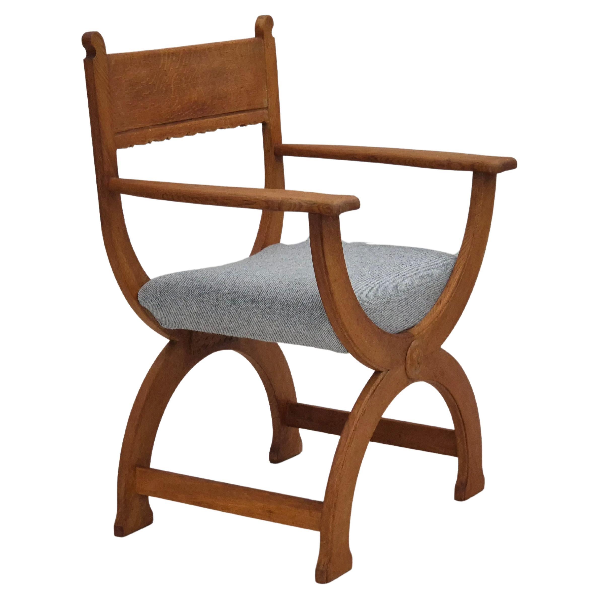 1960s, Danish armchair in solid oak wood, reupholstered, KVADRAT furniture wool. For Sale