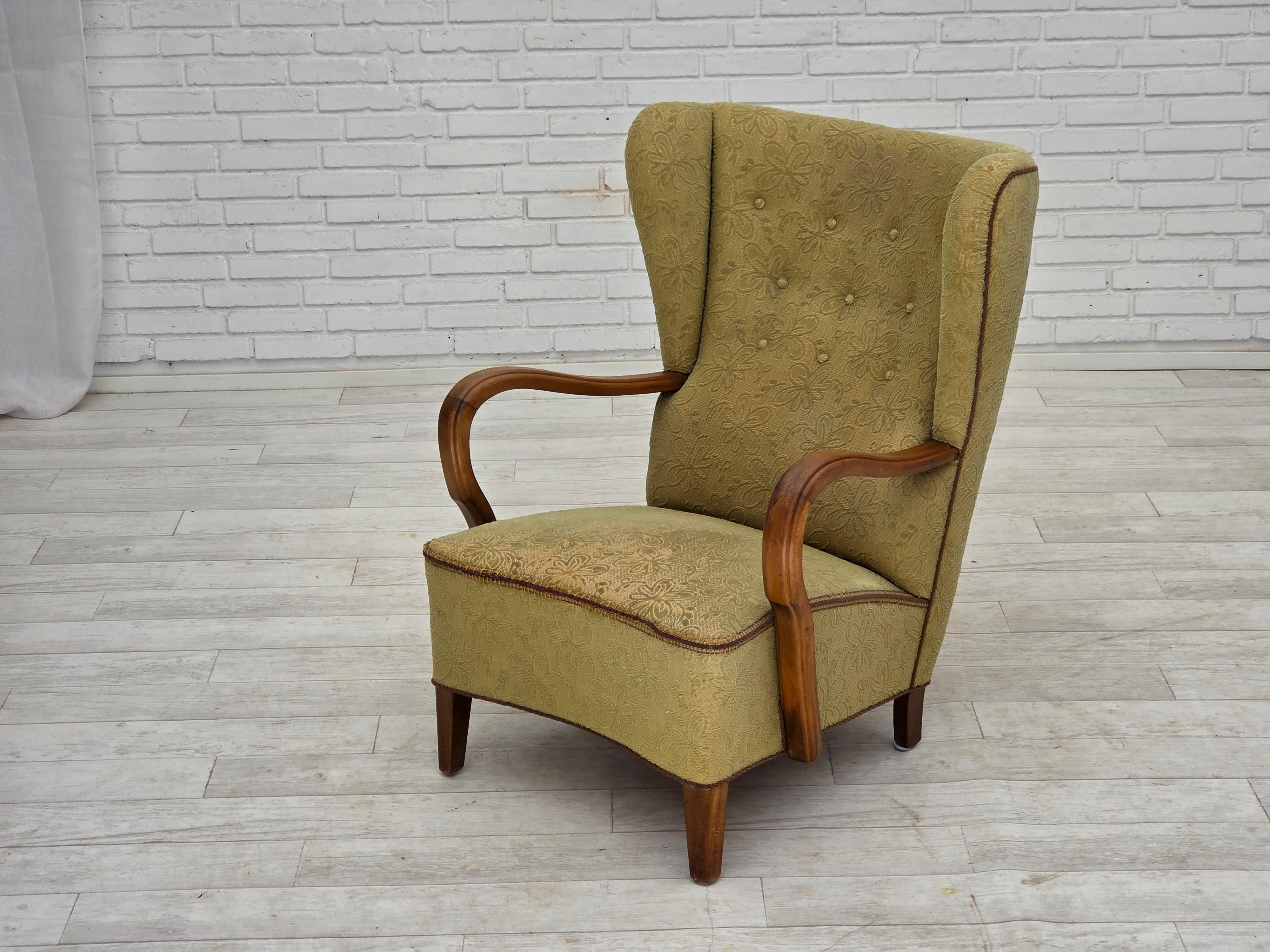 1960s, Danish armchair, light green furniture velour, beech wood. For Sale 5