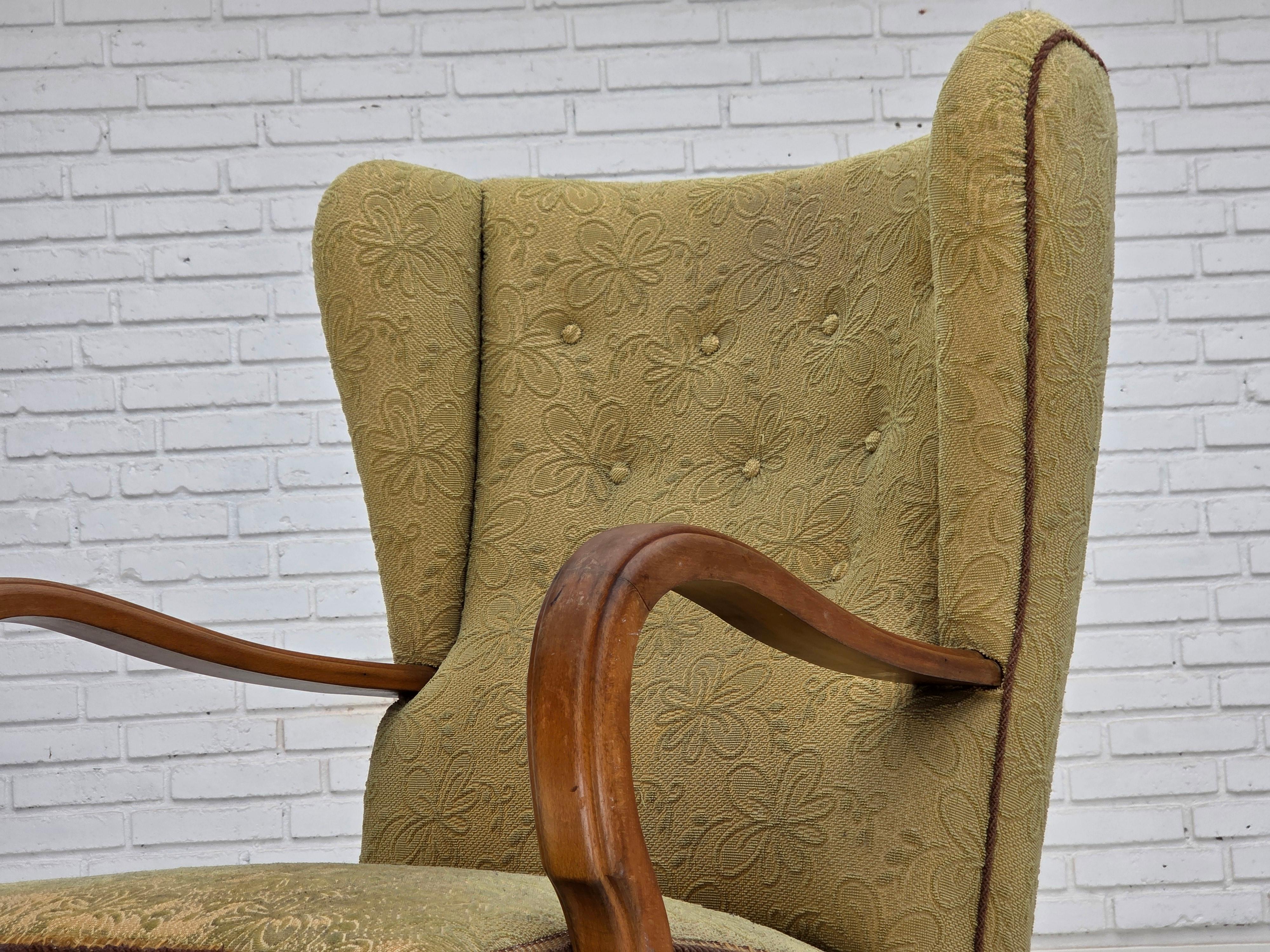 1960s, Danish armchair, light green furniture velour, beech wood. For Sale 6