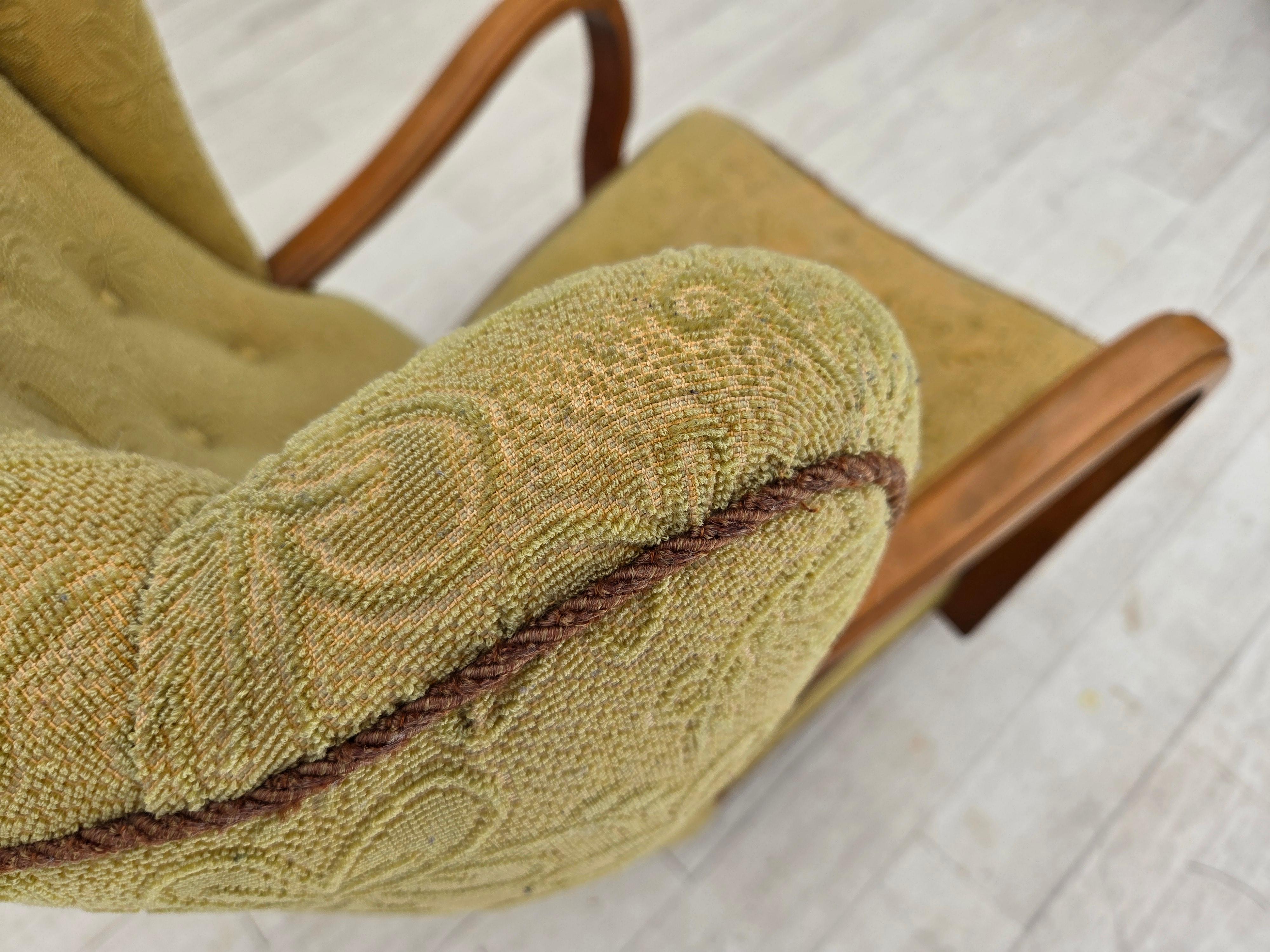 1960s, Danish armchair, light green furniture velour, beech wood. For Sale 10
