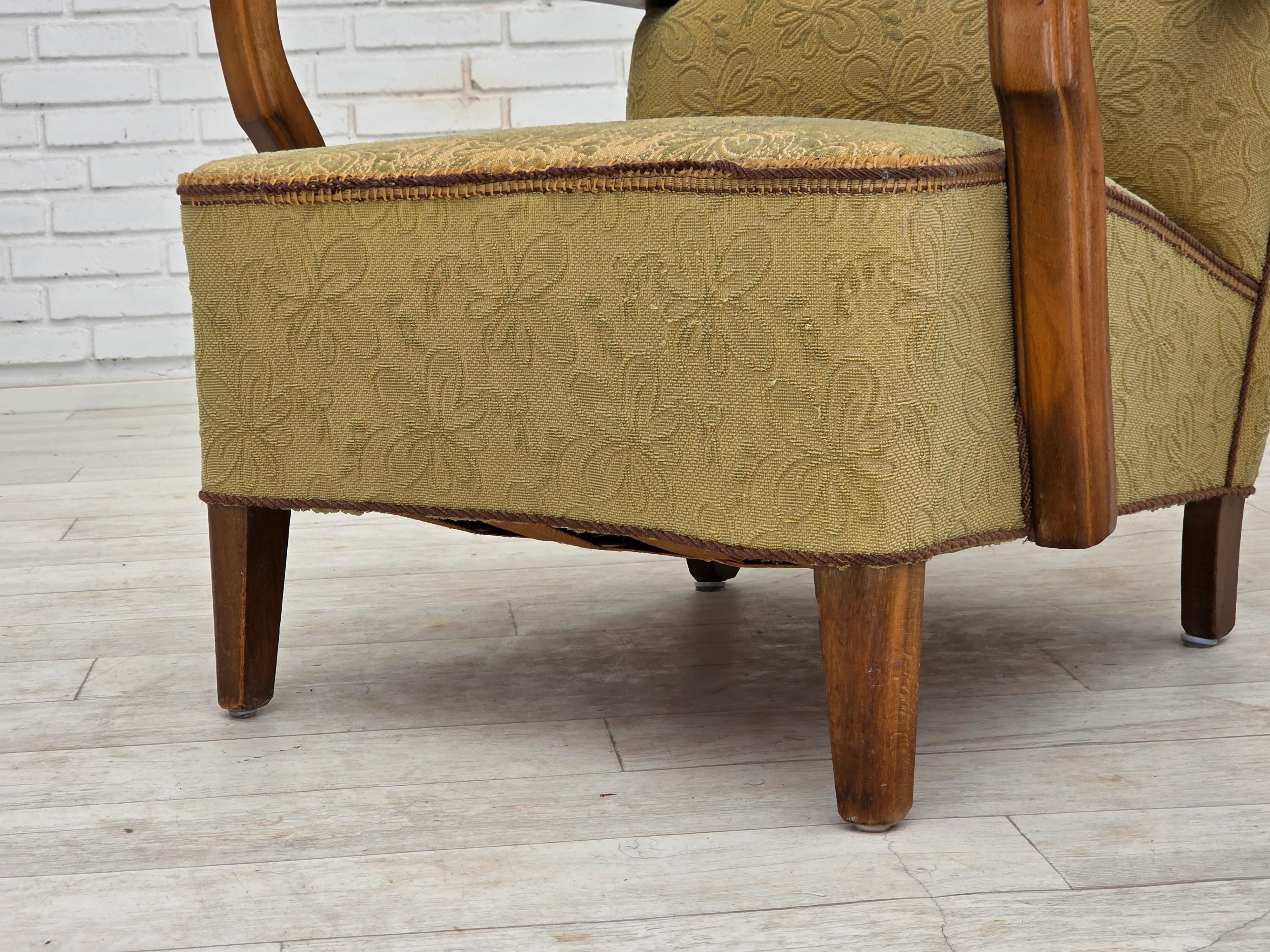 1960s, Danish armchair, light green furniture velour, beech wood. For Sale 11