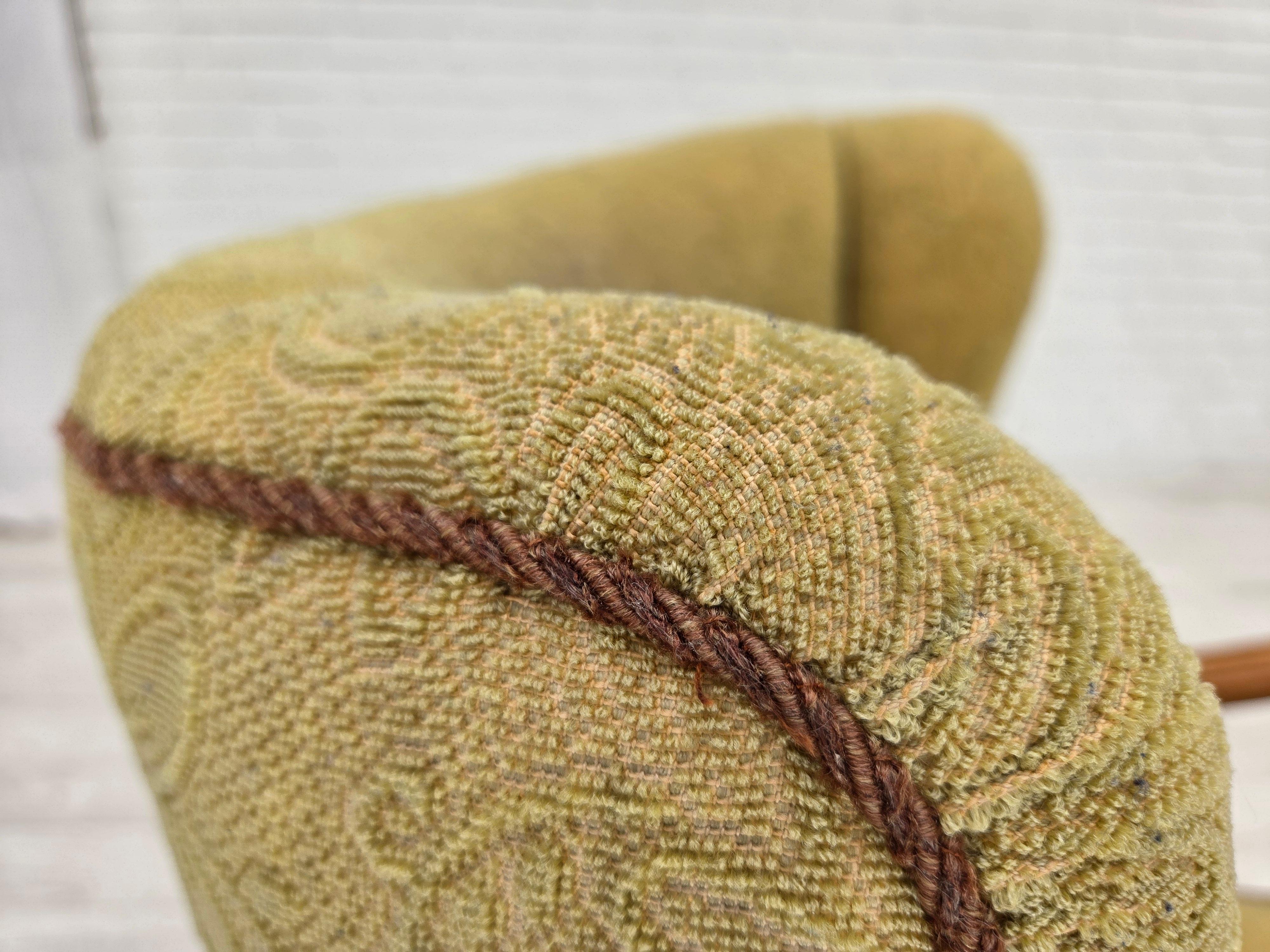 1960s, Danish armchair. Light green furniture velour, beech wood, brass springs in the seat. Original good condition: no smells, no stains and stable construction. The seat is a little bit worn. Manufactured by Danish furniture maker in about