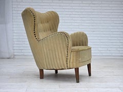 1960s, Danish armchair, light green furniture velour, beech wood.