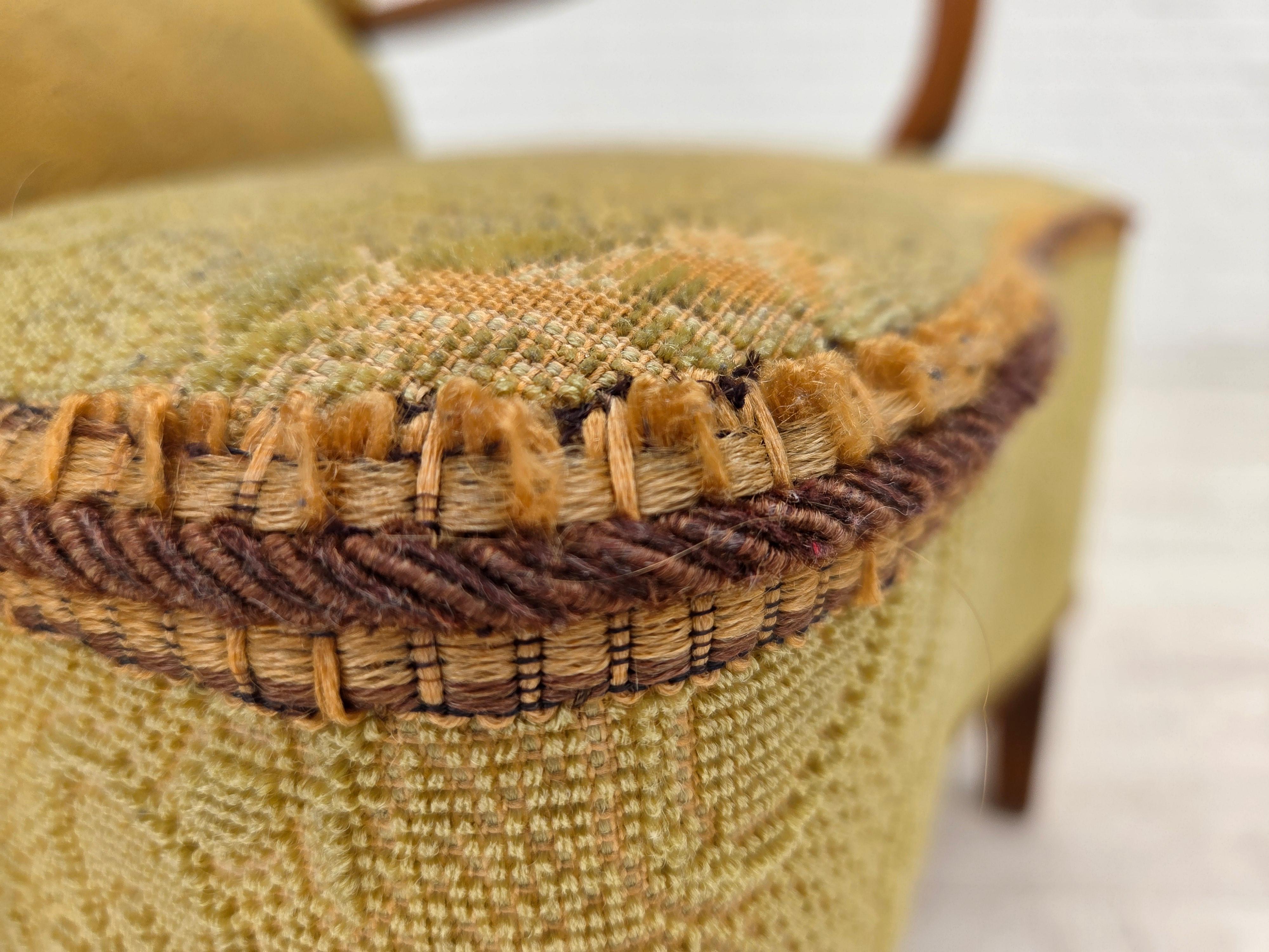 1960s, Danish armchair, light green furniture velour, beech wood. In Good Condition For Sale In Tarm, 82